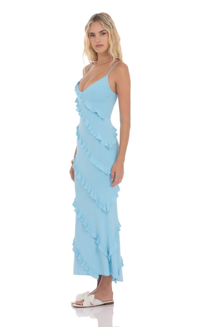 Ruffle V-Neck Maxi Dress in Sky Blue - luluinthesky