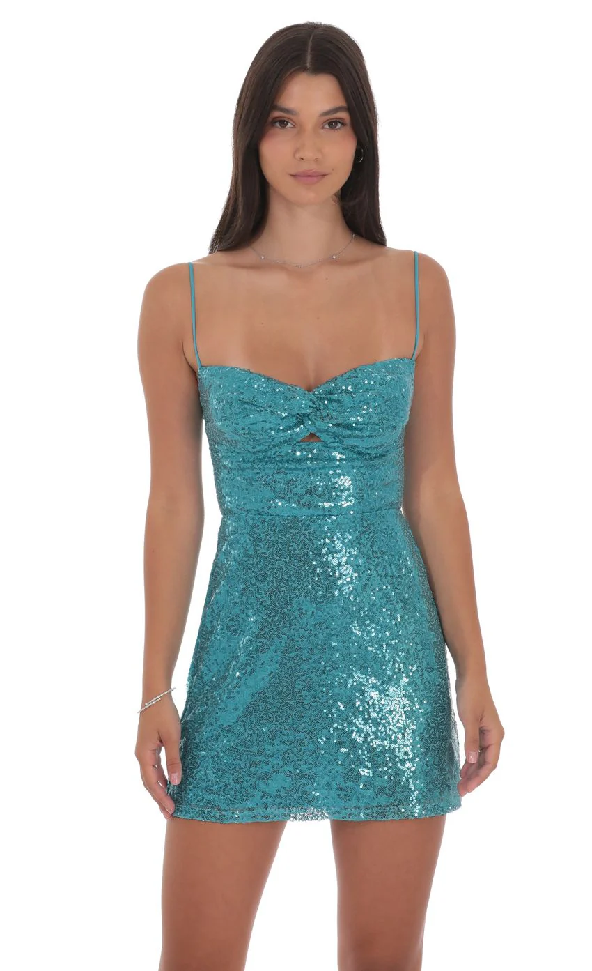 Sequin Front Twist Bodycon Dress in Aqua - luluinthesky