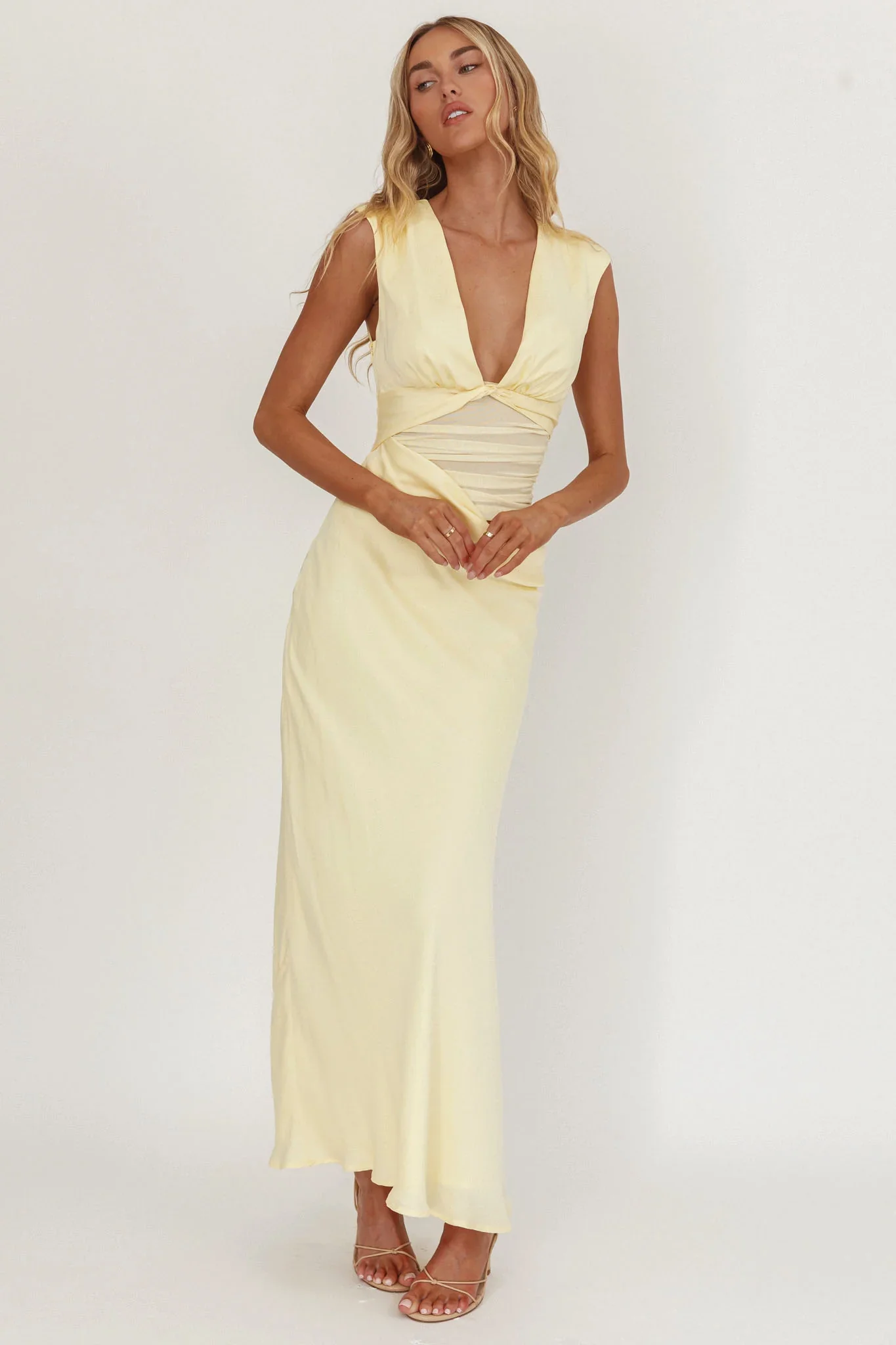 Sun Gaze Sheer Ruched Waist Maxi Dress Butter - luluinthesky