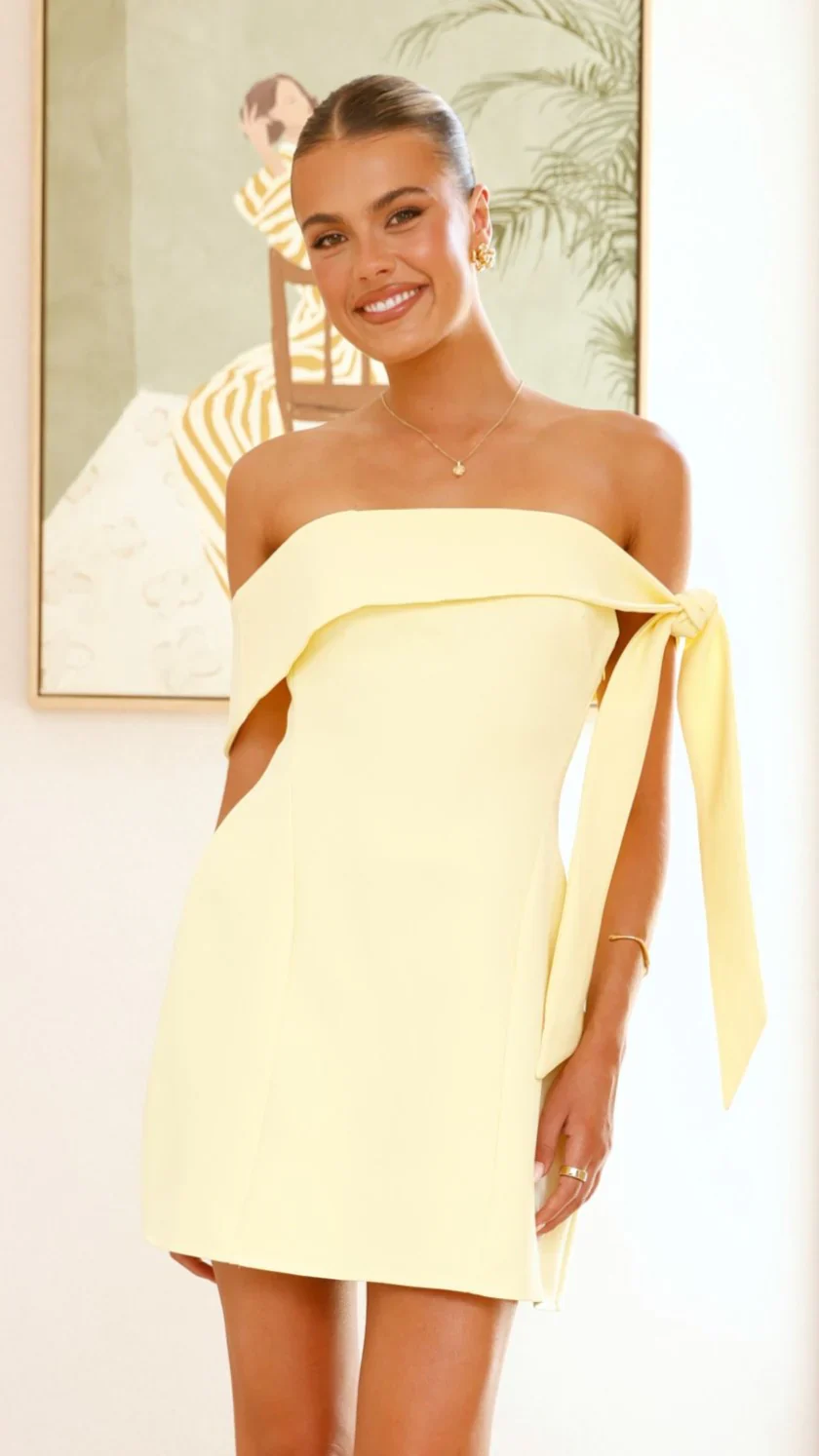 Halen Off Shoulder Mini Dress - Lemon - luluinthesky
