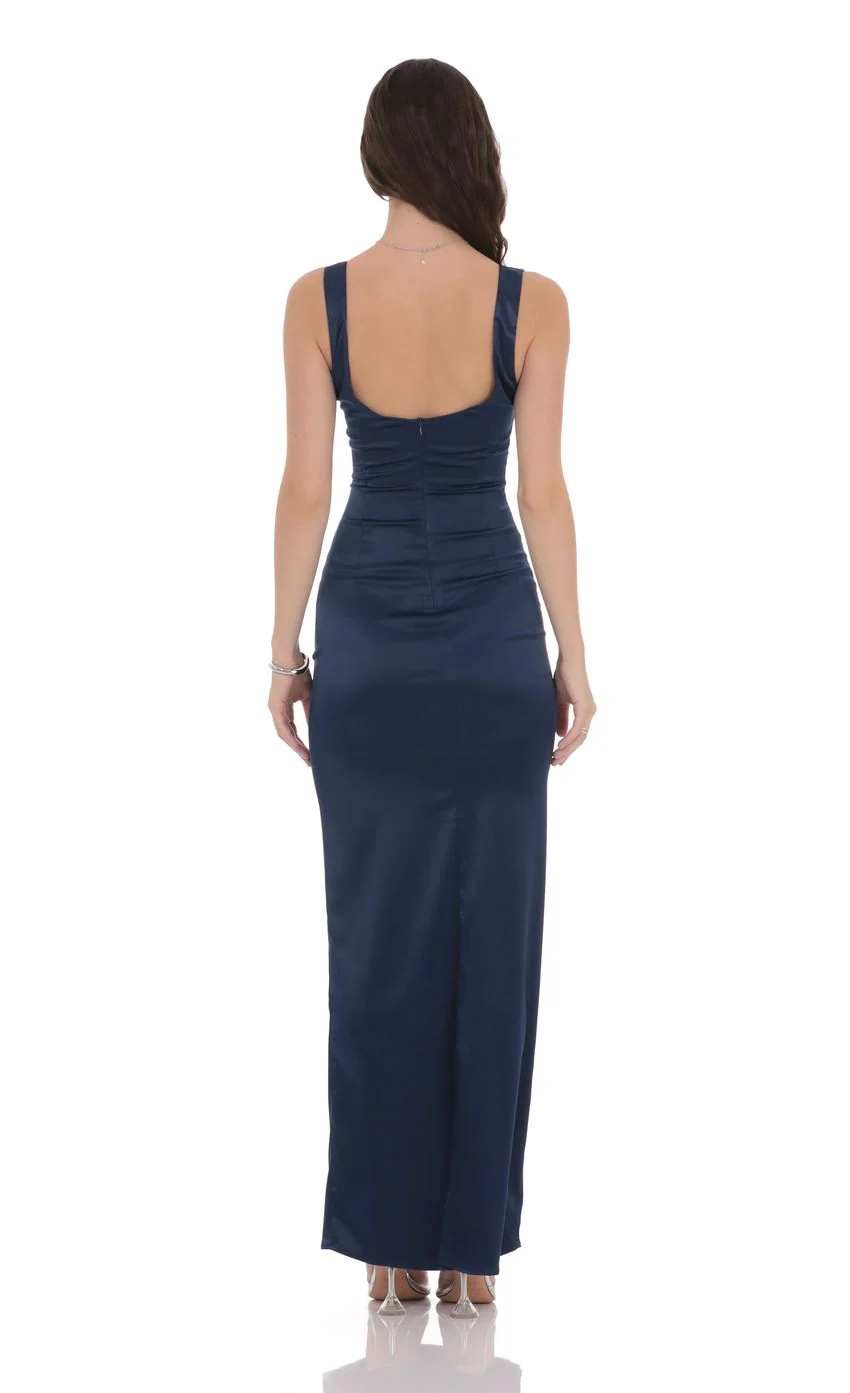 Satin Bodycon Maxi Dress in Navy - luluinthesky