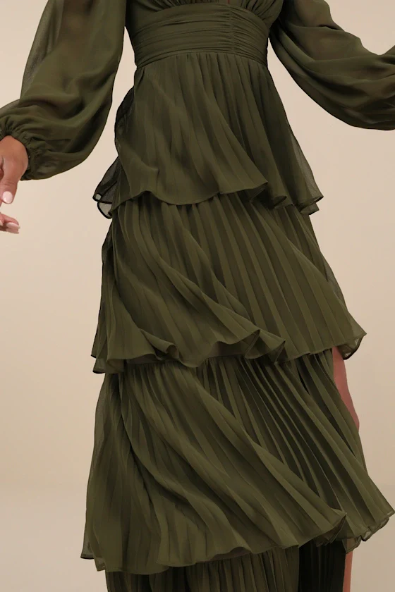 Graceful Finesse Olive Green Pleated Long Sleeve Maxi Dress - luluinthesky