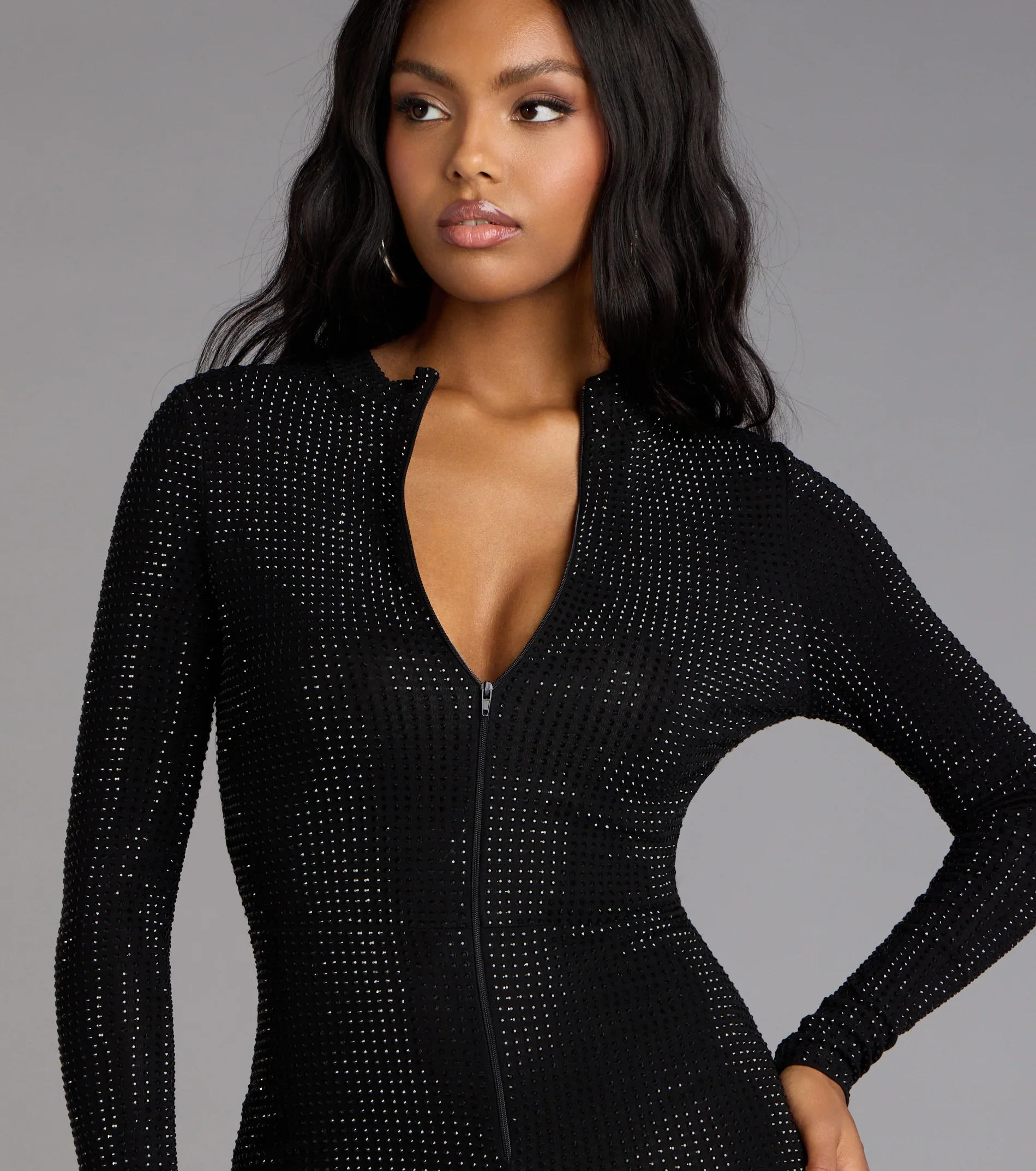 Sultry Sparkle Rhinestone Zip-Up Romper - luluinthesky