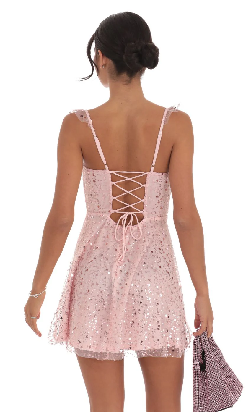 Sequin Ruffle Strap A-Line Dress in Pink - luluinthesky