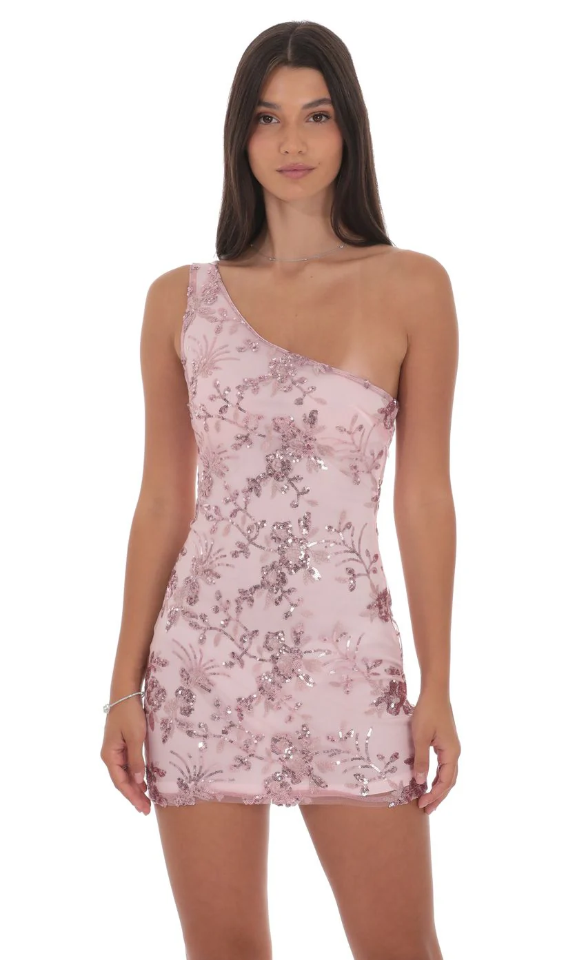 Floral Sequin One Shoulder Dress in Pink - luluinthesky