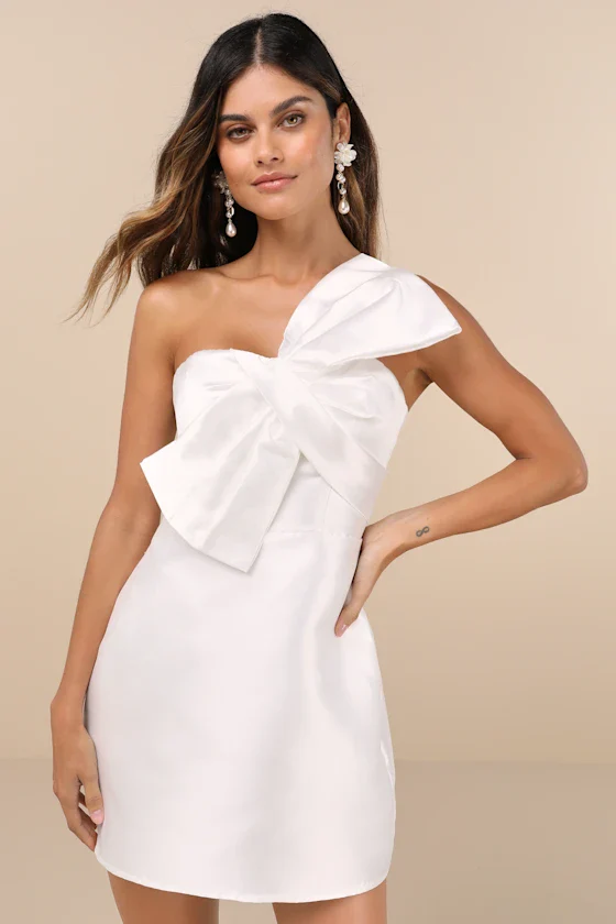 Utterly Pretty White Bow One-Shoulder Mini Dress with Pockets - luluinthesky