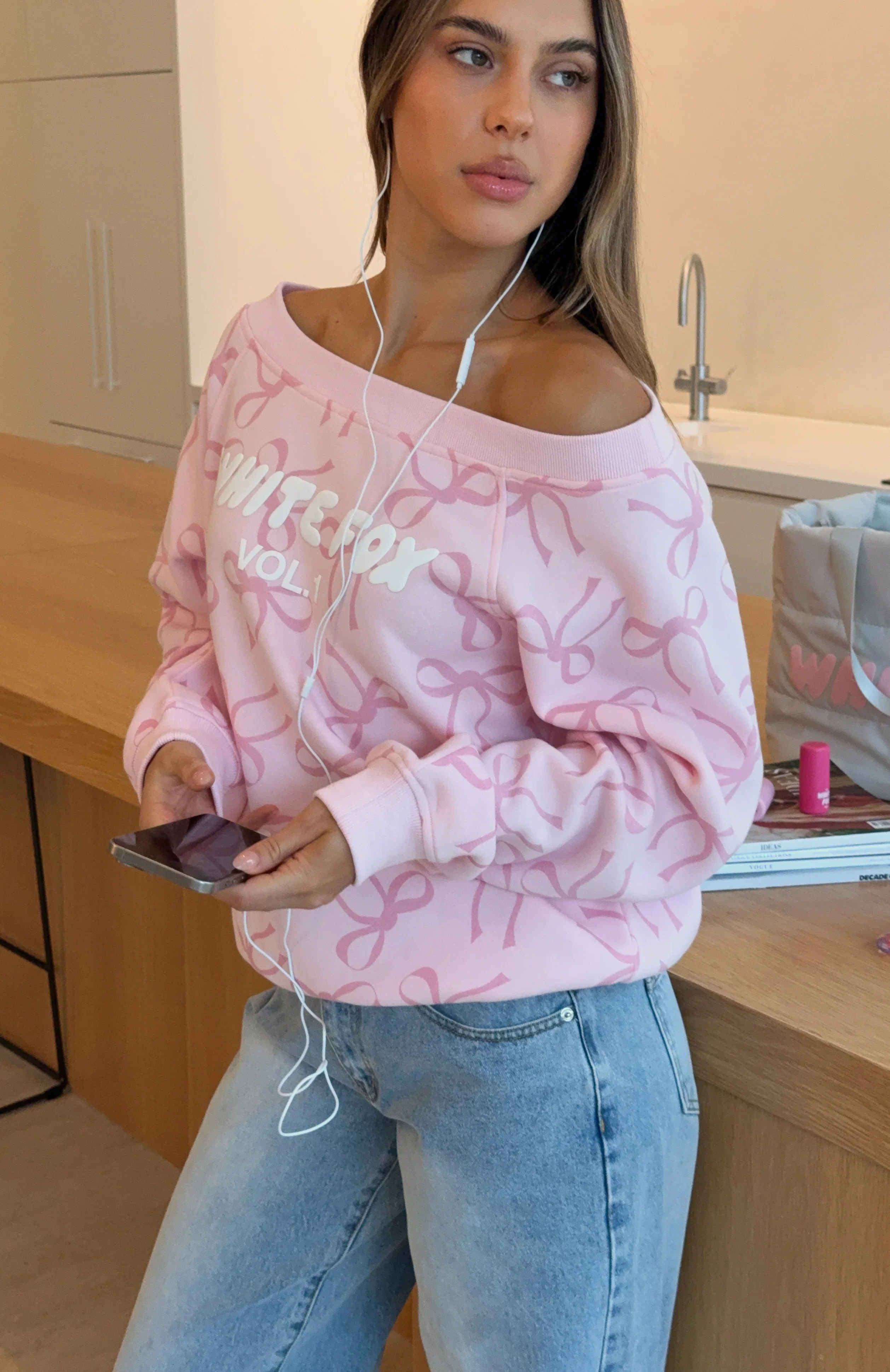 Vol. 1 Off Shoulder Printed Sweater Posy Bow - luluinthesky