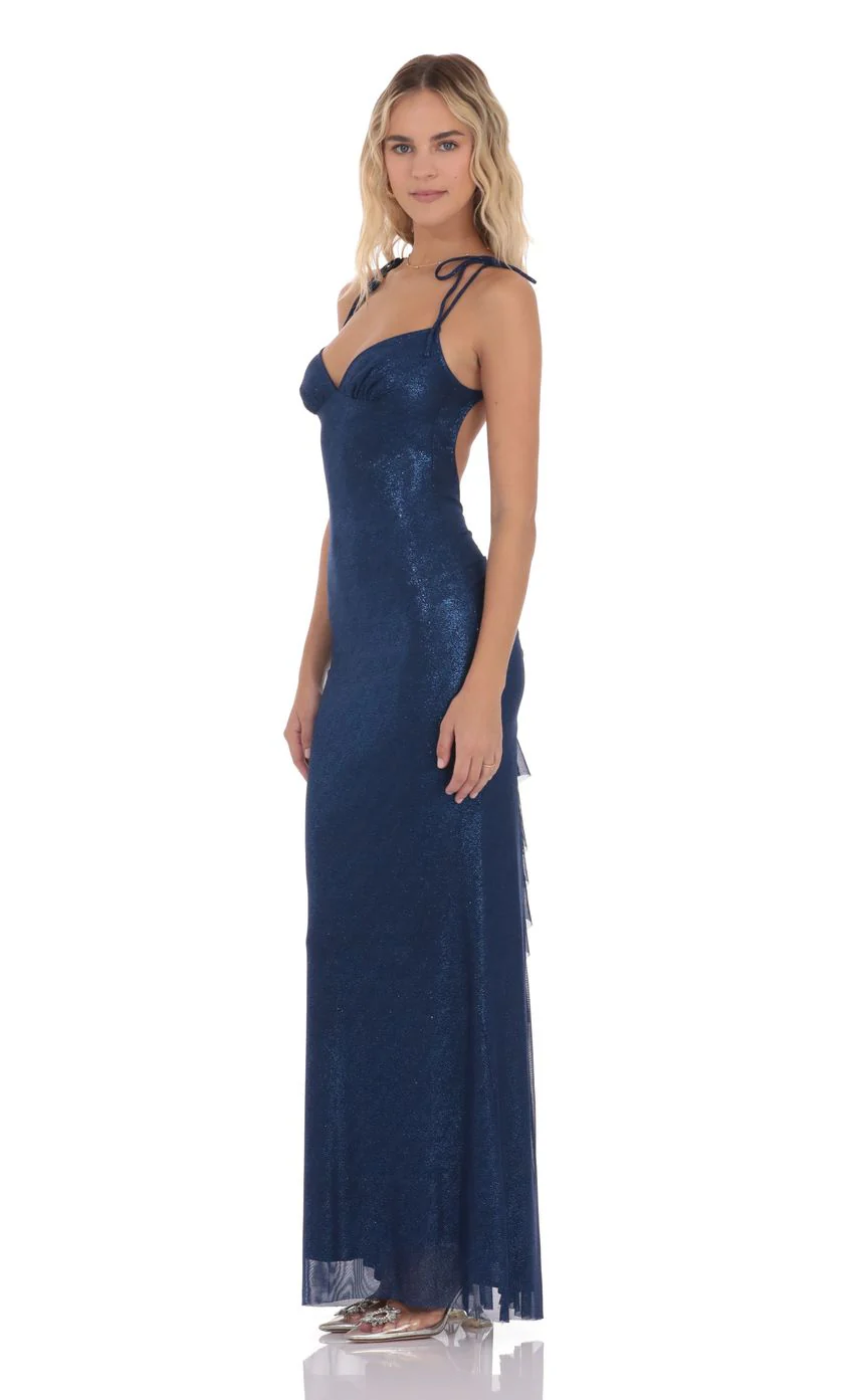Foil Back Ruffle Maxi Dress in Navy - luluinthesky