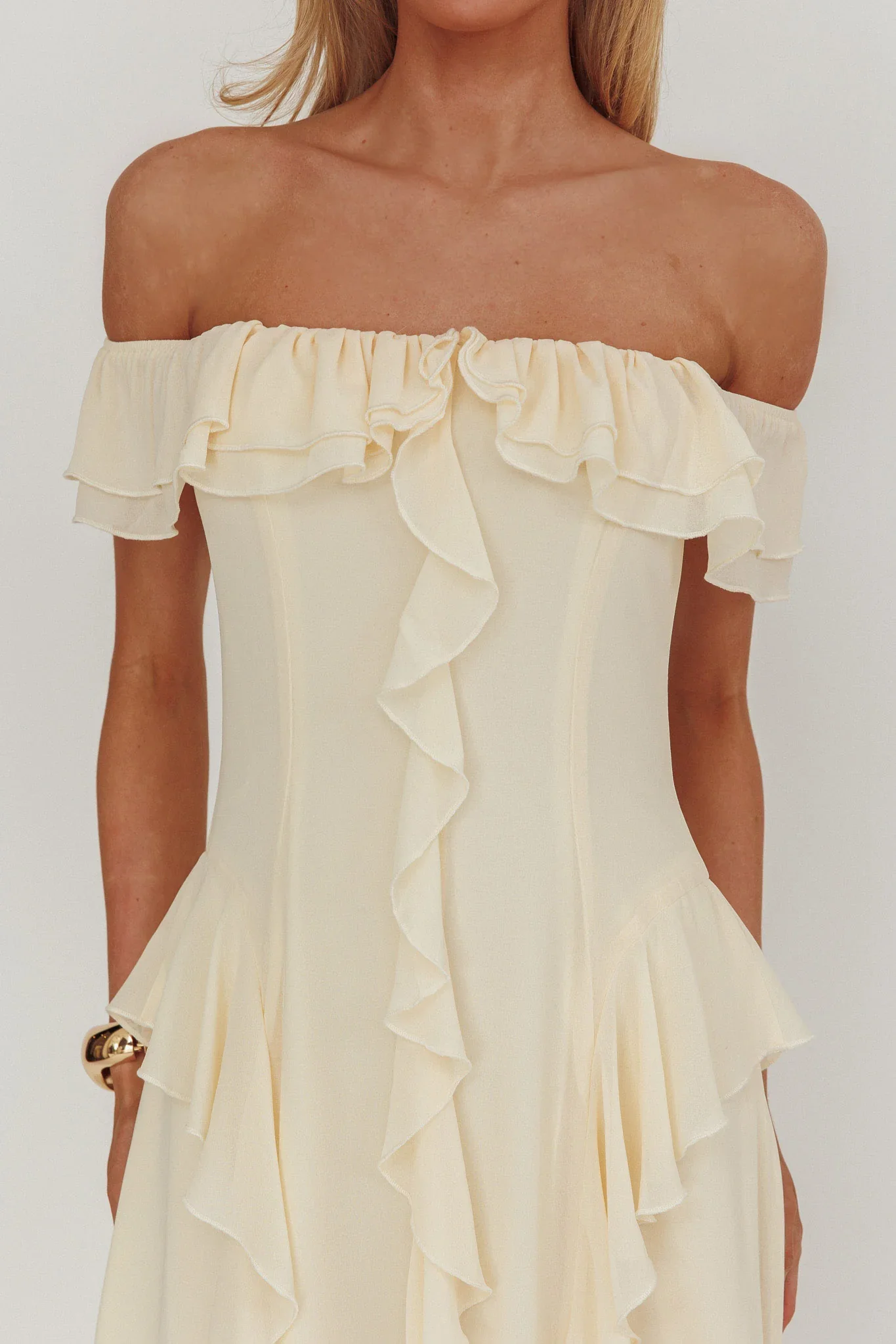 Scarlet Off-Shoulder Ruffle Trim Maxi Dress Butter - luluinthesky