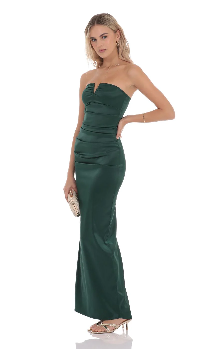 Satin V-Strapless Maxi Dress in Green - luluinthesky