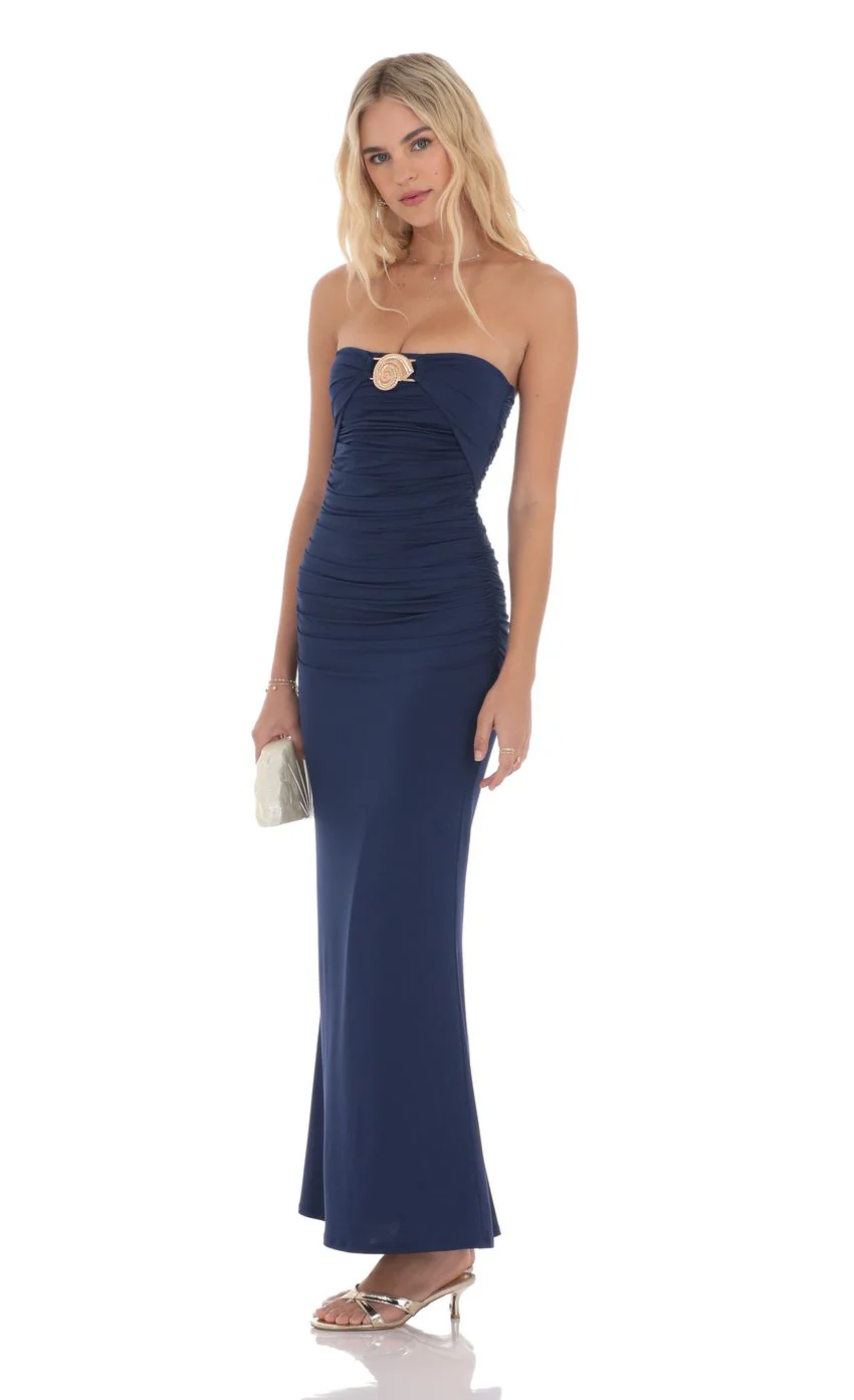 Seashell Ruched Bodycon Maxi Dress in Navy - luluinthesky