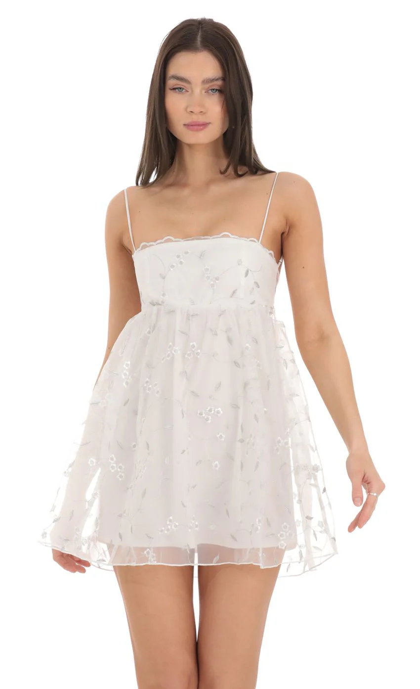 Floral Embroidered Babydoll Dress in White - luluinthesky
