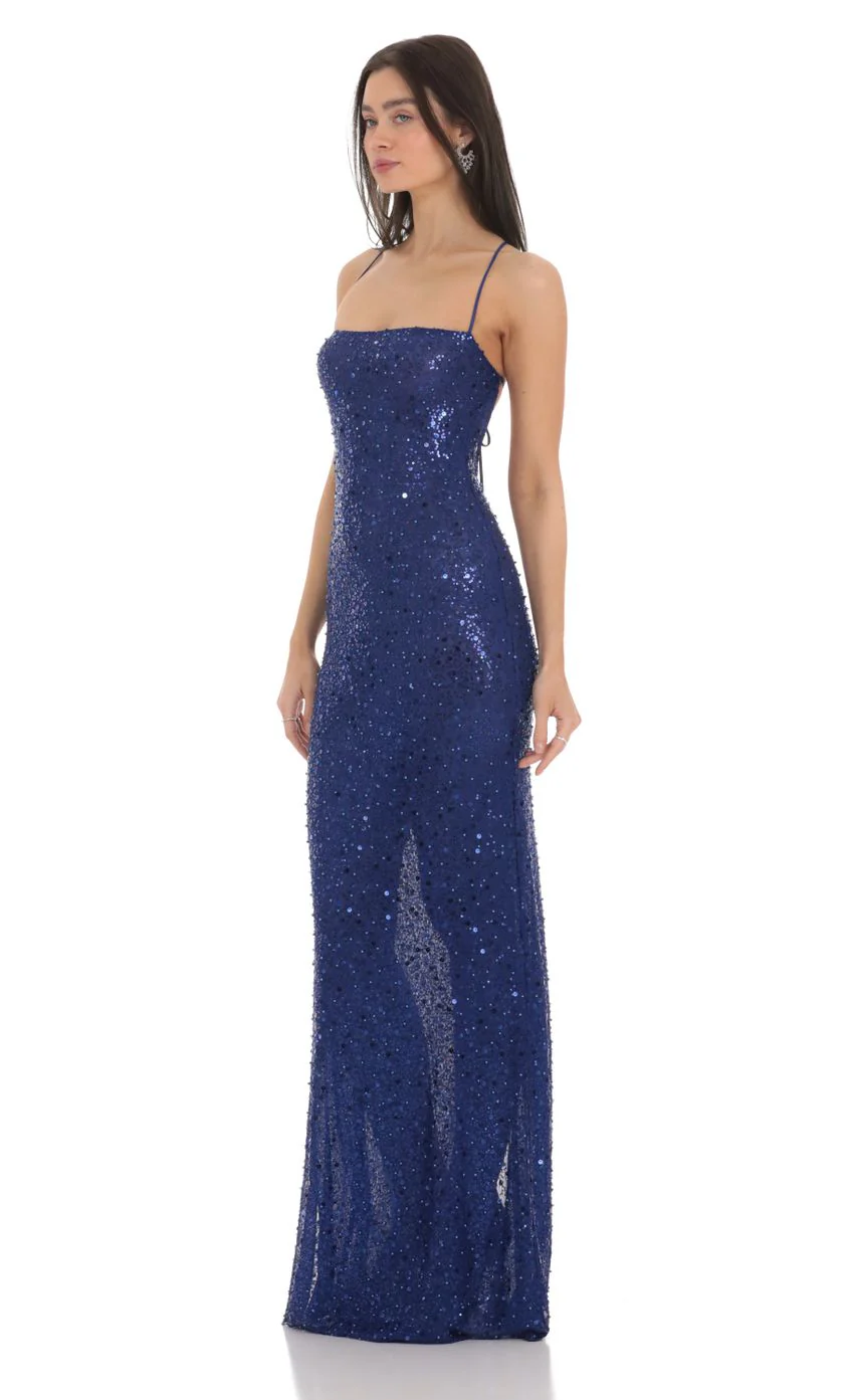 Sequin Mesh Maxi Dress in Blue - luluinthesky