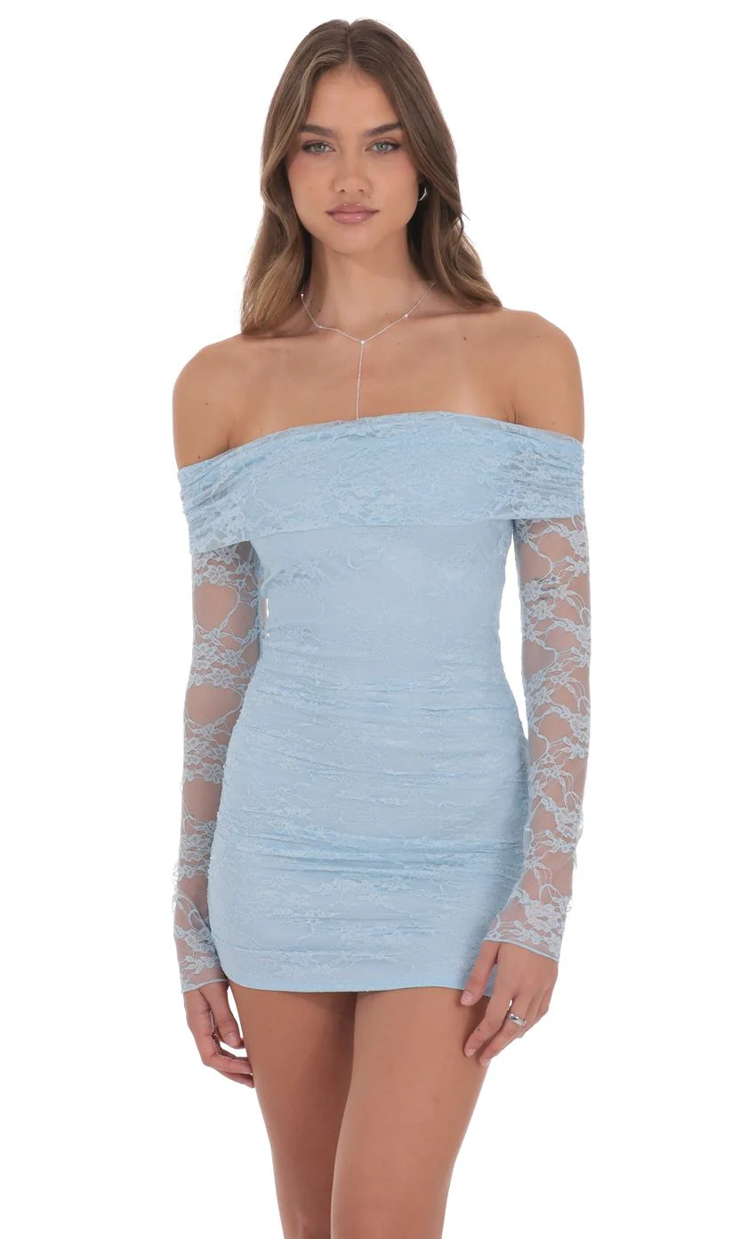 Off Shoulder Long Sleeve Lace Dress in Light Blue - luluinthesky