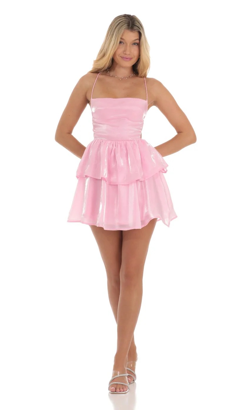 Shimmer Lace Up Dress in Pink - luluinthesky