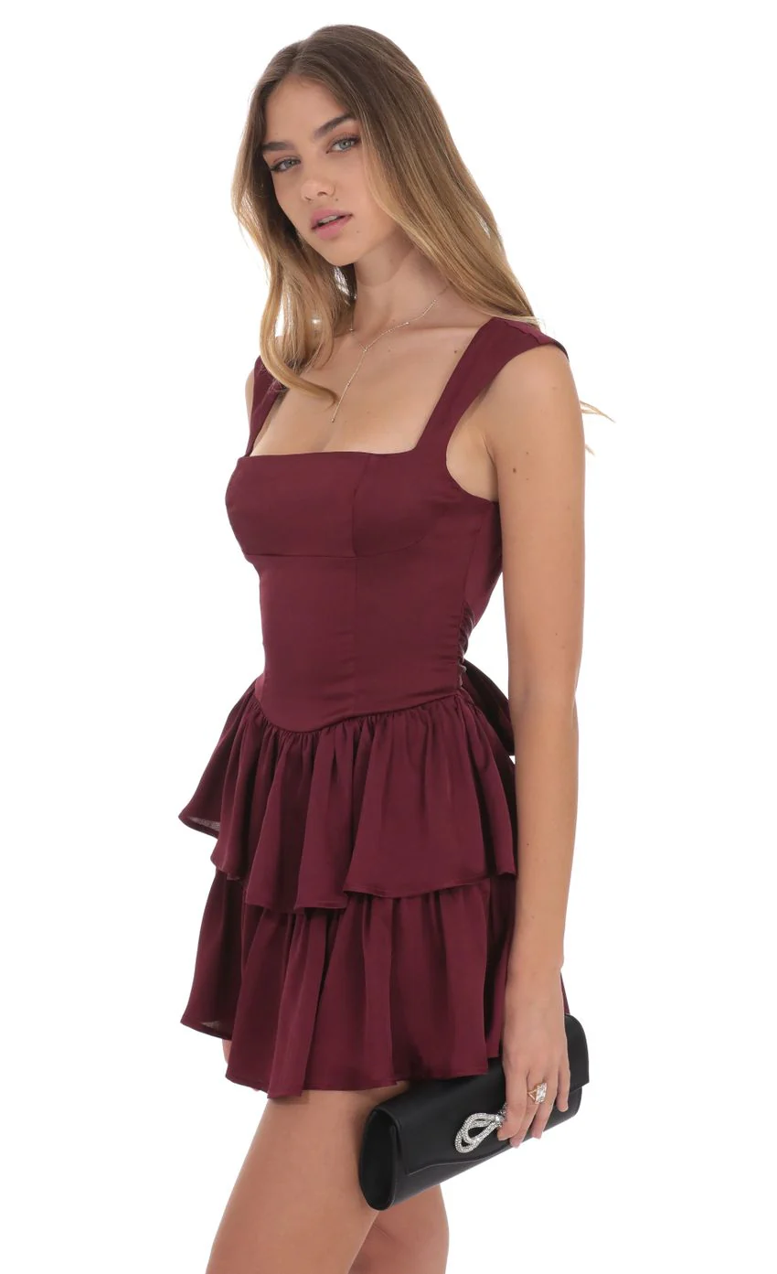 Wide Strap Ruffle Dress in Burgundy - luluinthesky