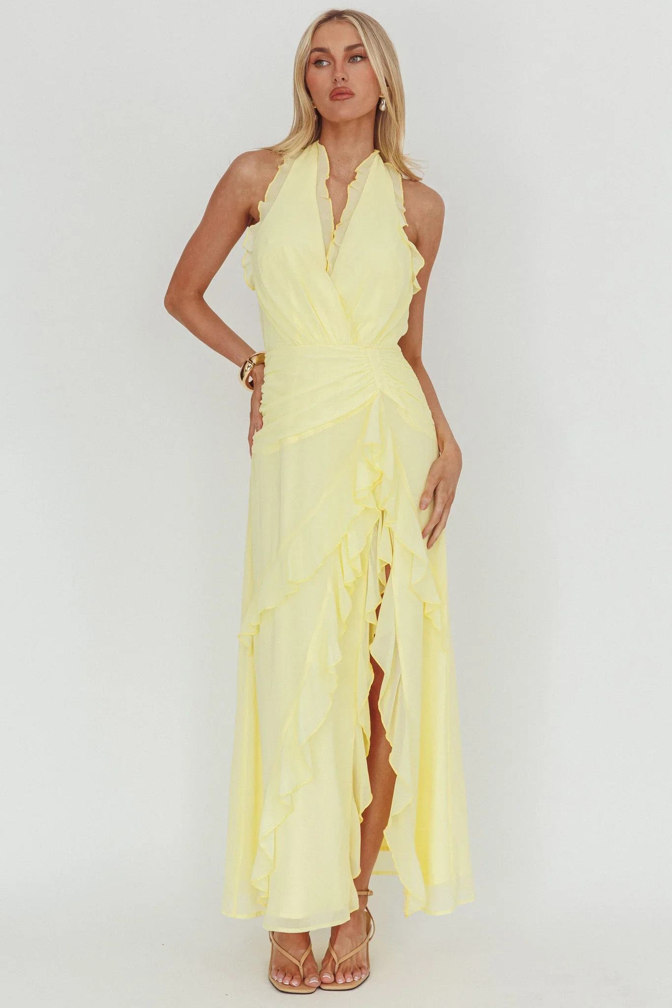 Enticing Halterneck Frill Maxi Dress Yellow - luluinthesky