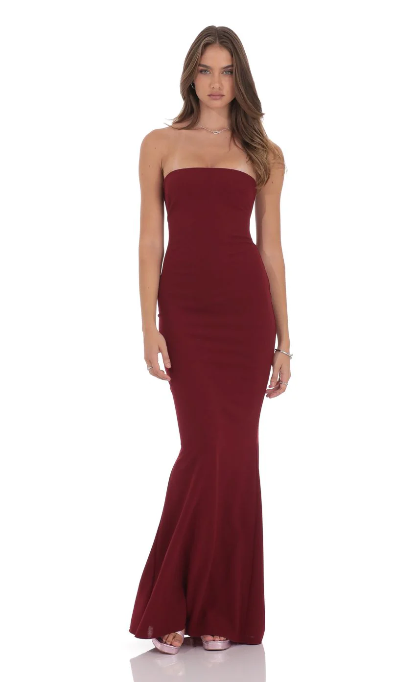 Back Bow Strapless Maxi Dress in Burgundy - luluinthesky