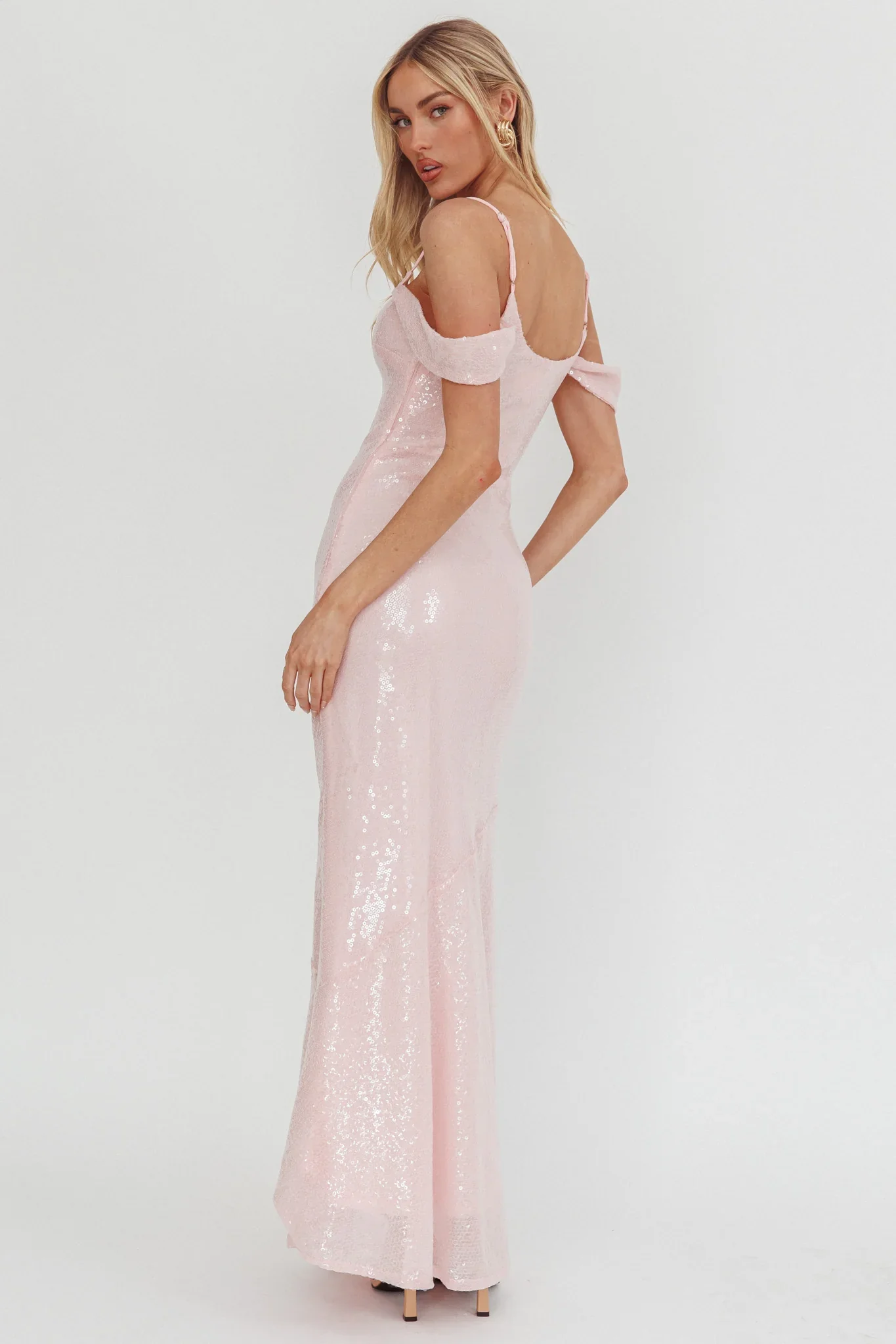 Madrid Sunset Off-Shoulder Sequin Maxi Dress Pink - luluinthesky