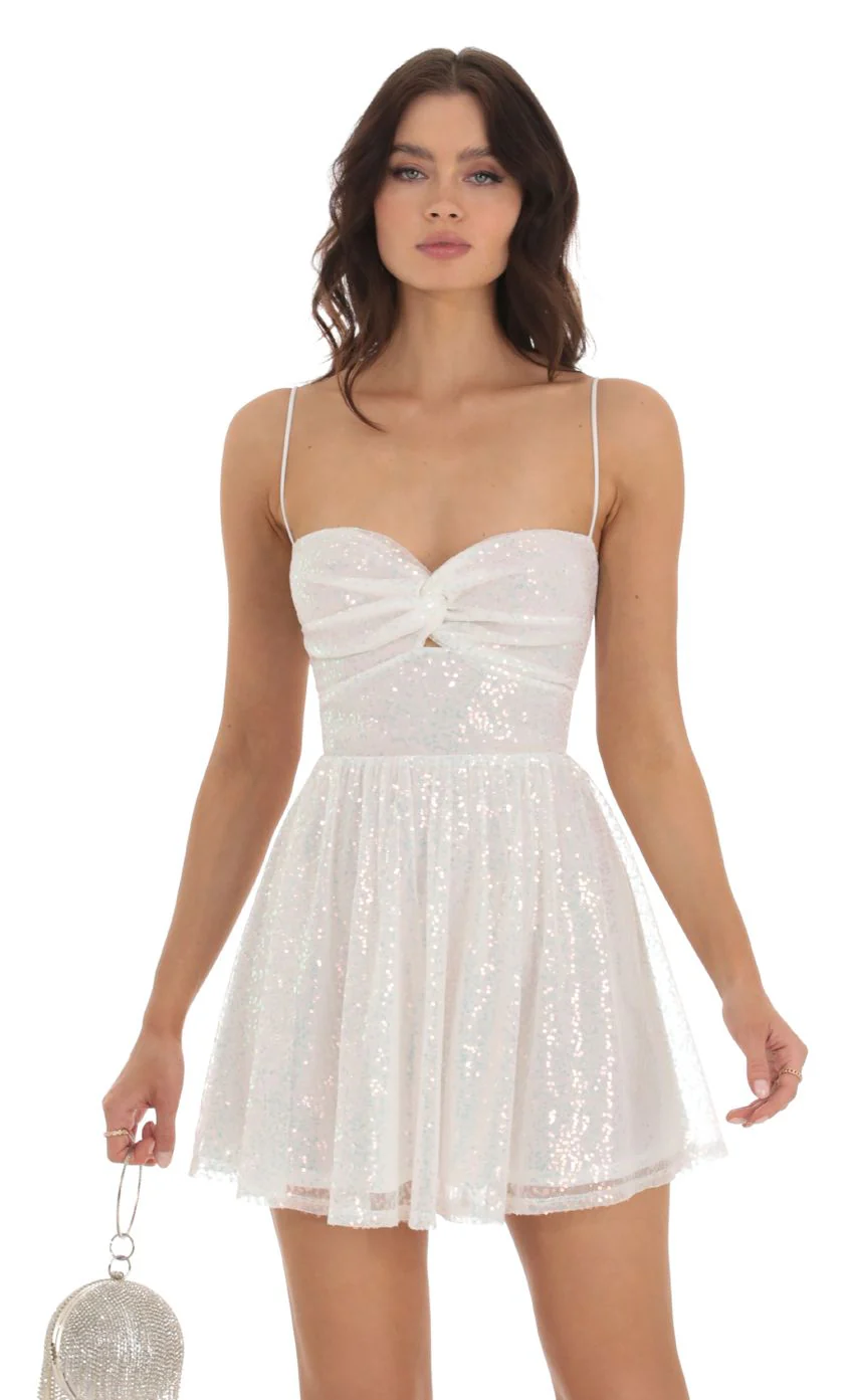 Iridescent Sequin Twist Dress in White - luluinthesky