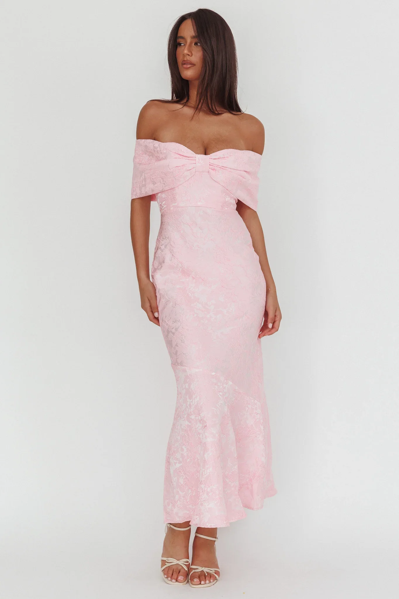 Fairytales Off-Shoulder Jacquard Maxi Dress Pink - luluinthesky