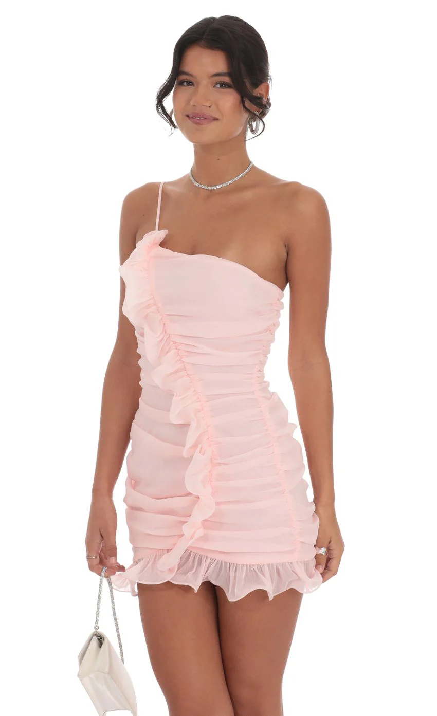 Shimmer Chiffon One Shoulder Dress in Pink - luluinthesky