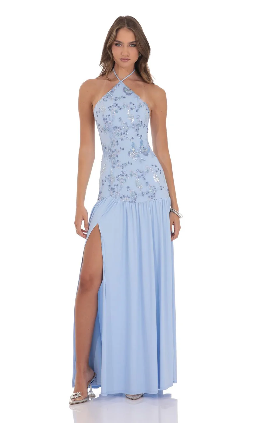 Drop Waist Sequin Maxi Dress in Light Blue - luluinthesky