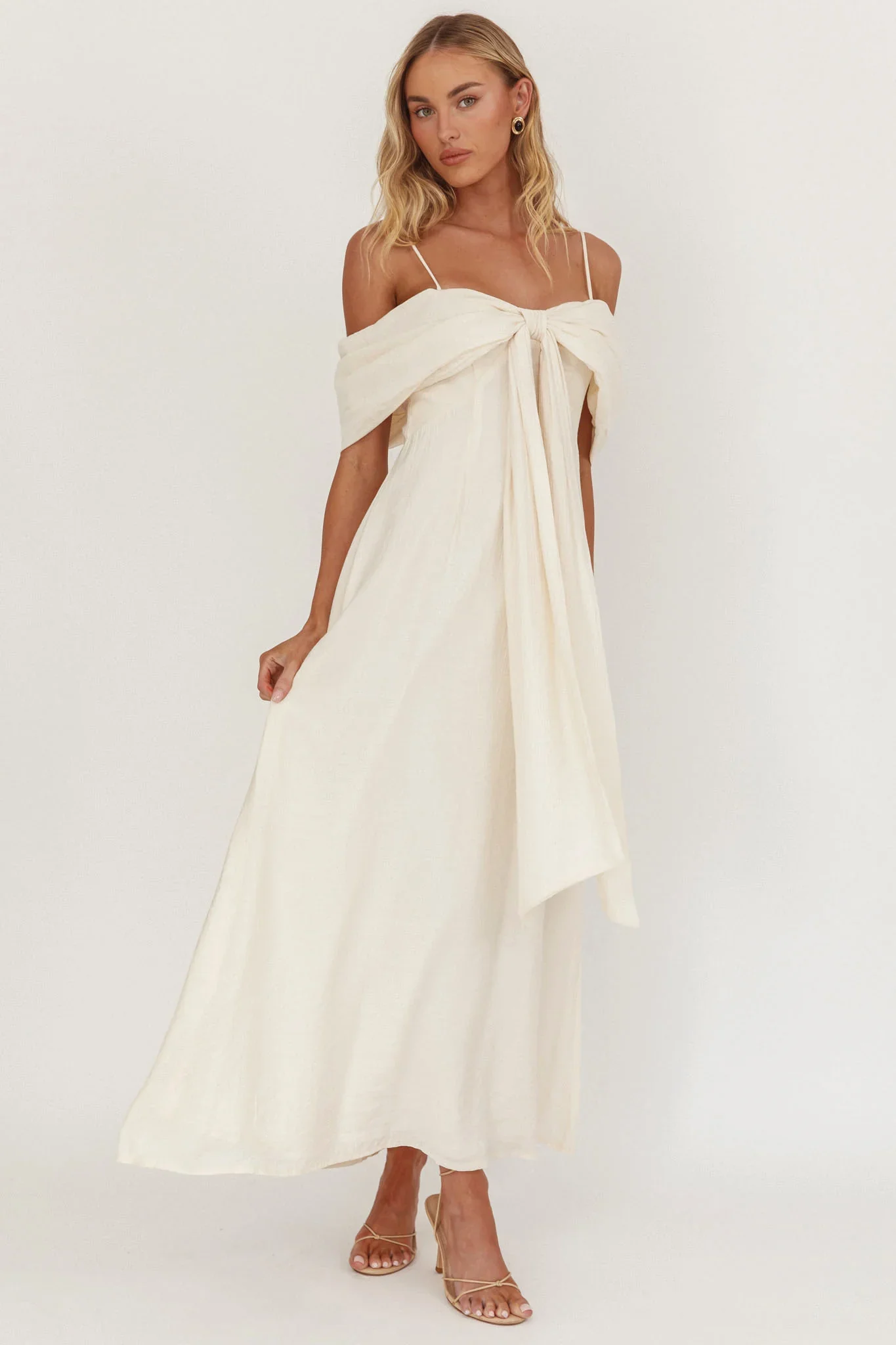 Lillibet Bow Tied Bust Midi Dress Cream - luluinthesky