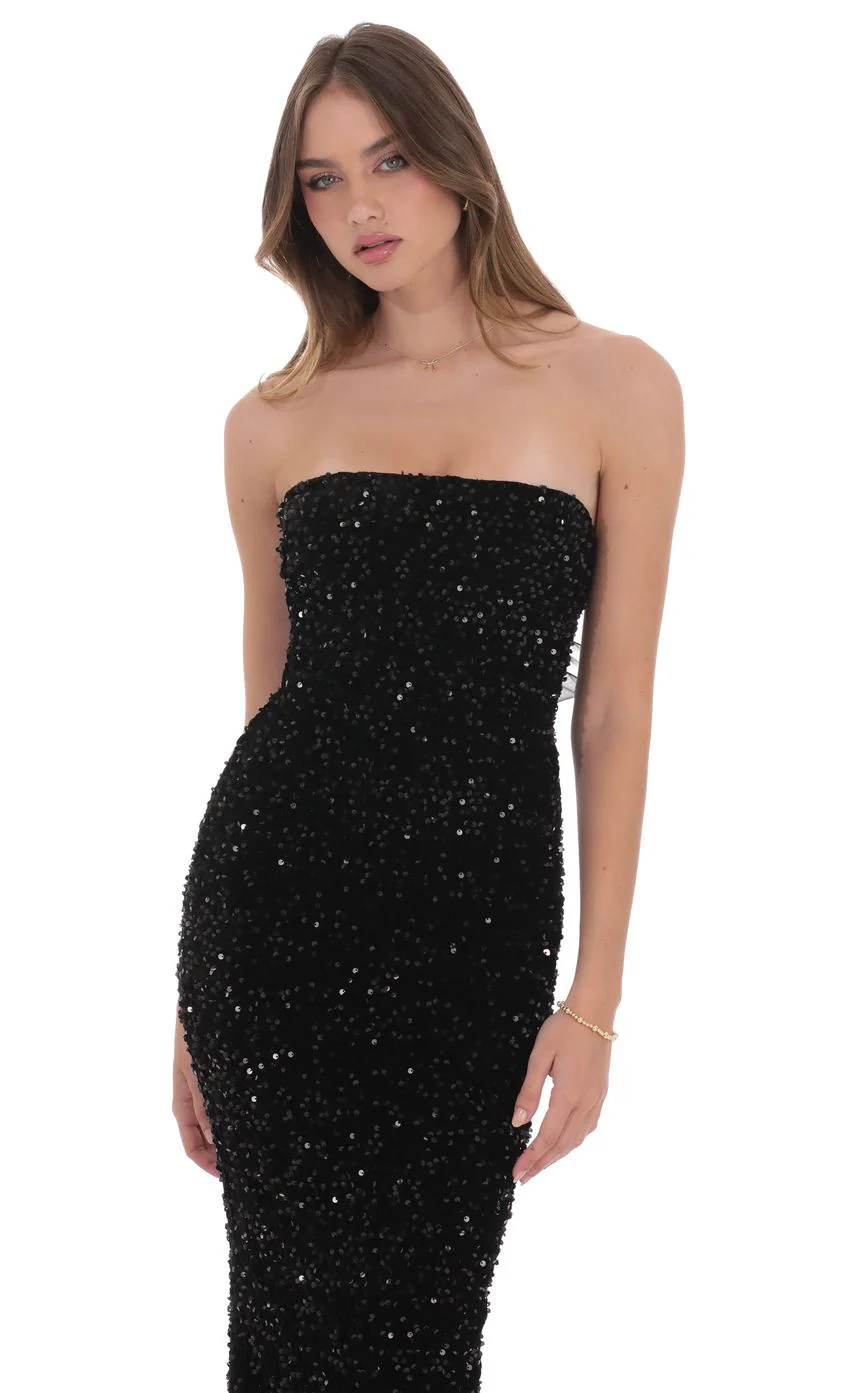 Velvet Sequin Strapless Maxi Dress in Black - luluinthesky
