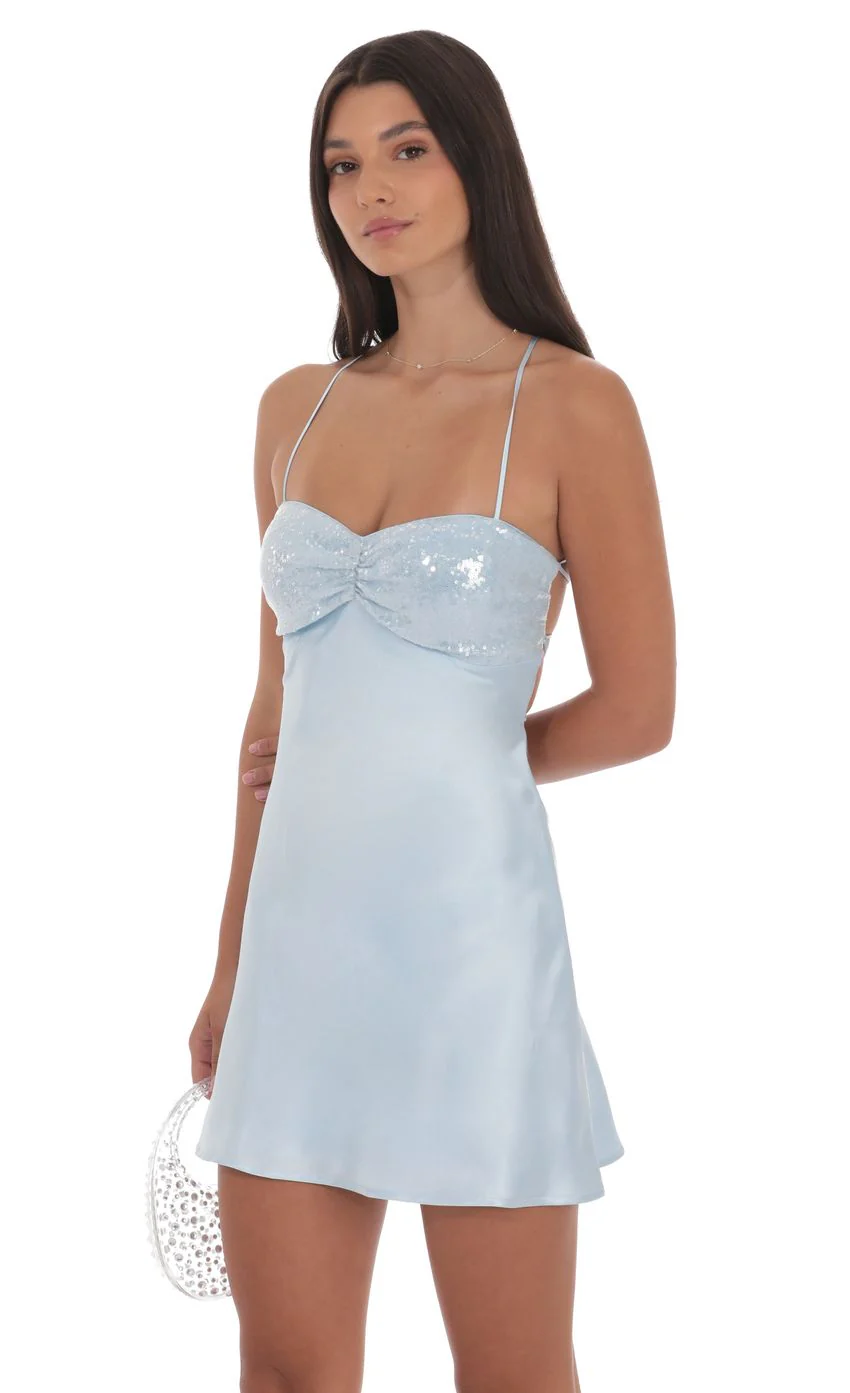 Satin Sequin Bust Dress in Light Blue - luluinthesky