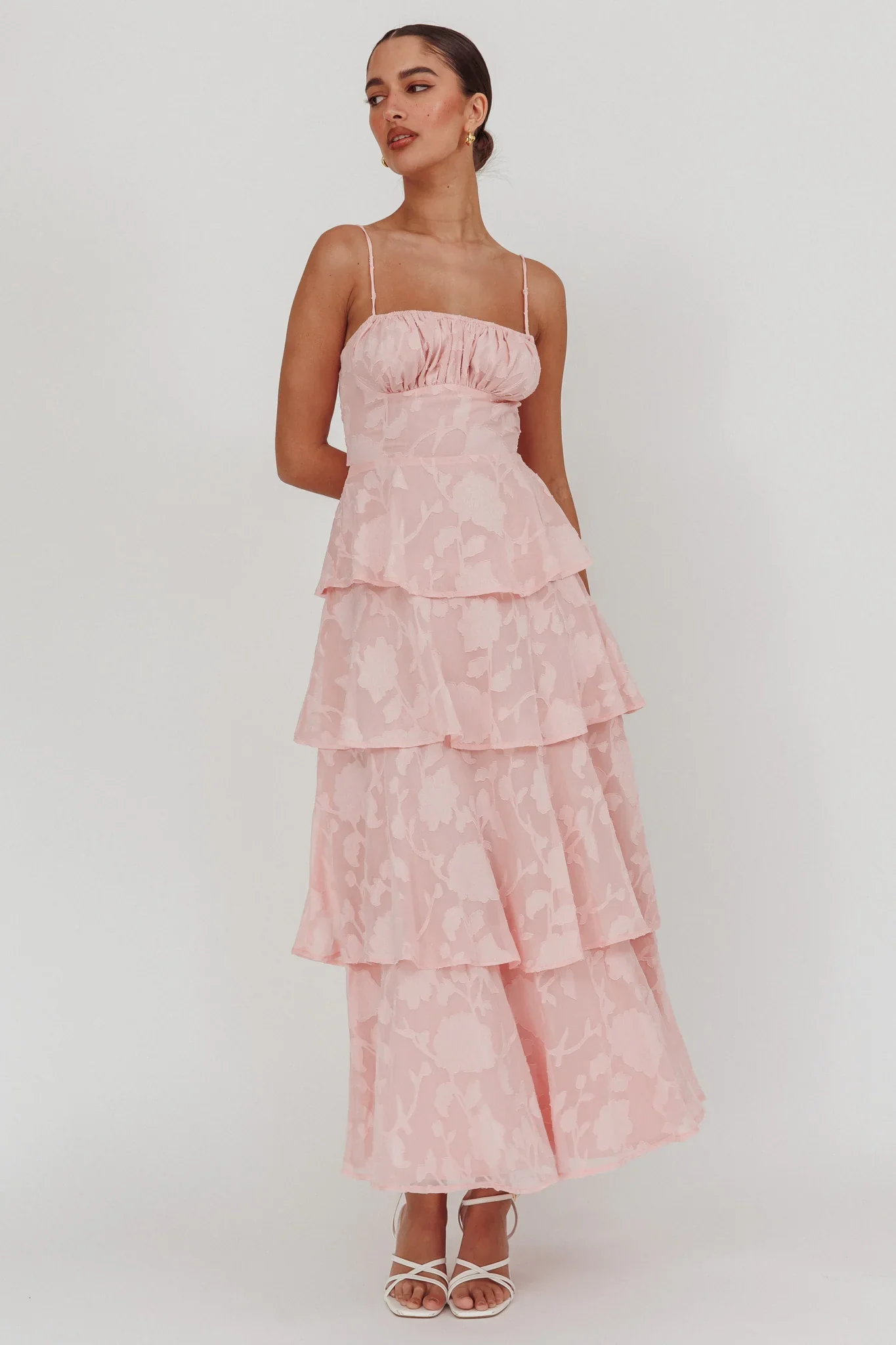 Provence Bloom Tiered Maxi Dress Jacquard Pink - luluinthesky