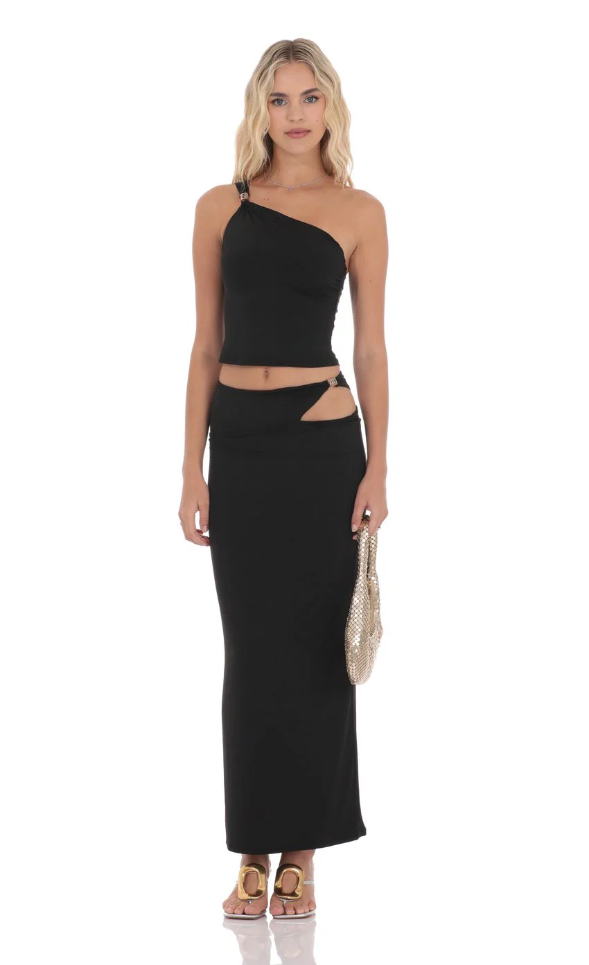 Cutout Embellished Maxi Skirt in Black - luluinthesky