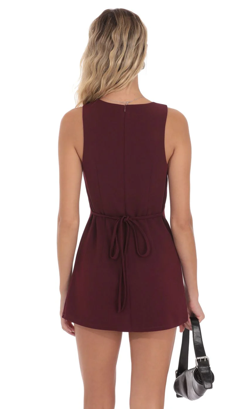 High Neck Back Tie Romper in Burgundy - luluinthesky
