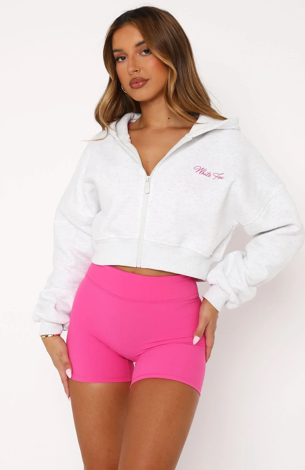 Stepping Out Cropped Hoodie Grey Marle/Pink - luluinthesky