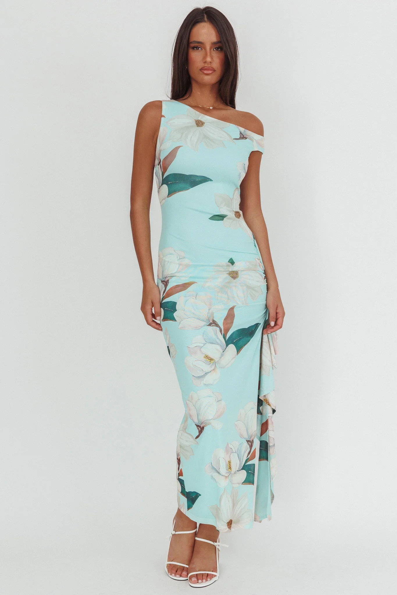 Raphaella Asymmetric Neckline Split Maxi Dress Magnolia Mint - luluinthesky