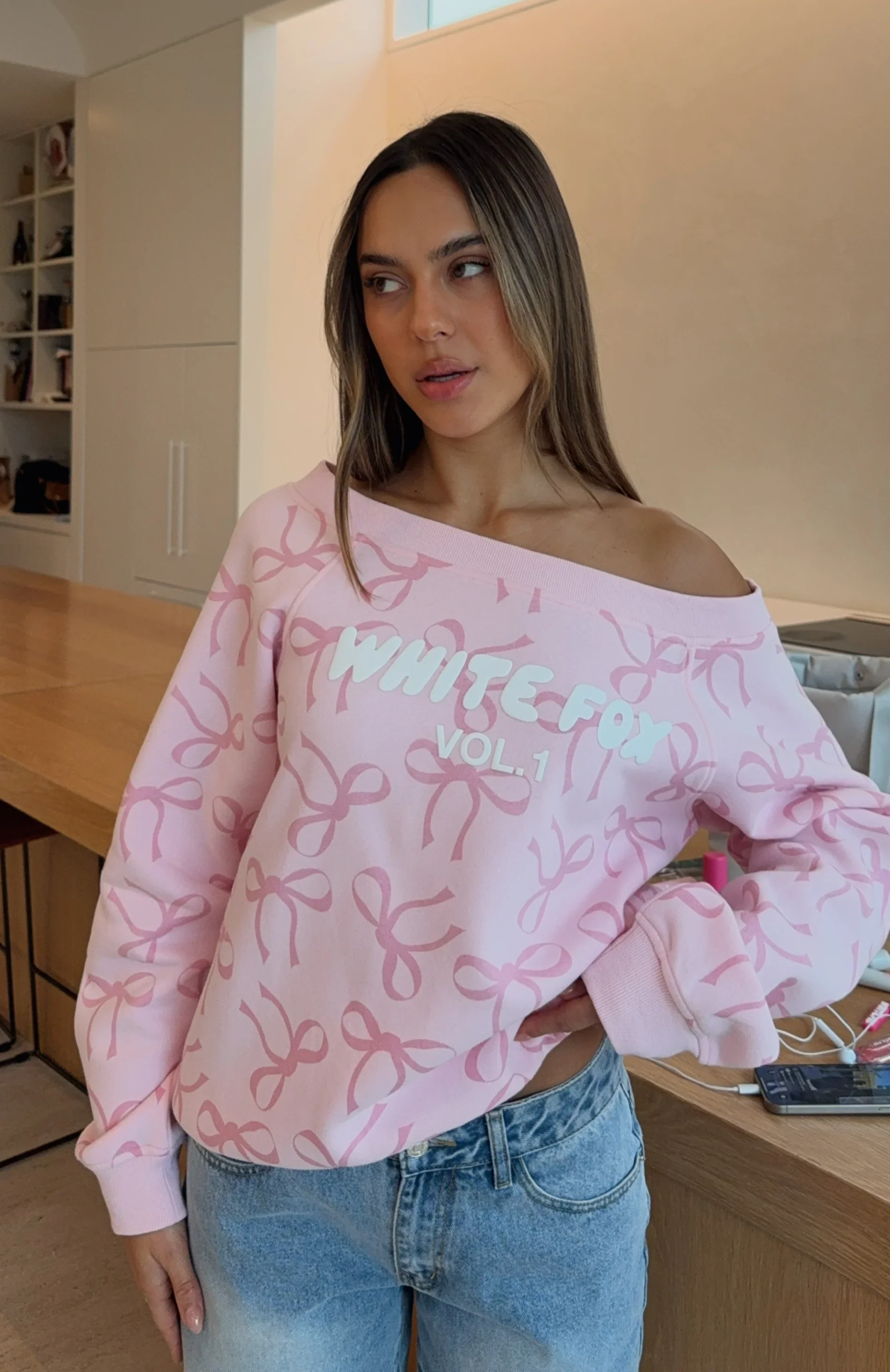 Vol. 1 Off Shoulder Printed Sweater Posy Bow - luluinthesky