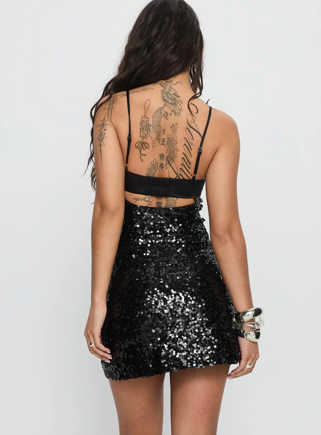 Alishia Satin Sequin Corset Mini Dress Black - luluinthesky