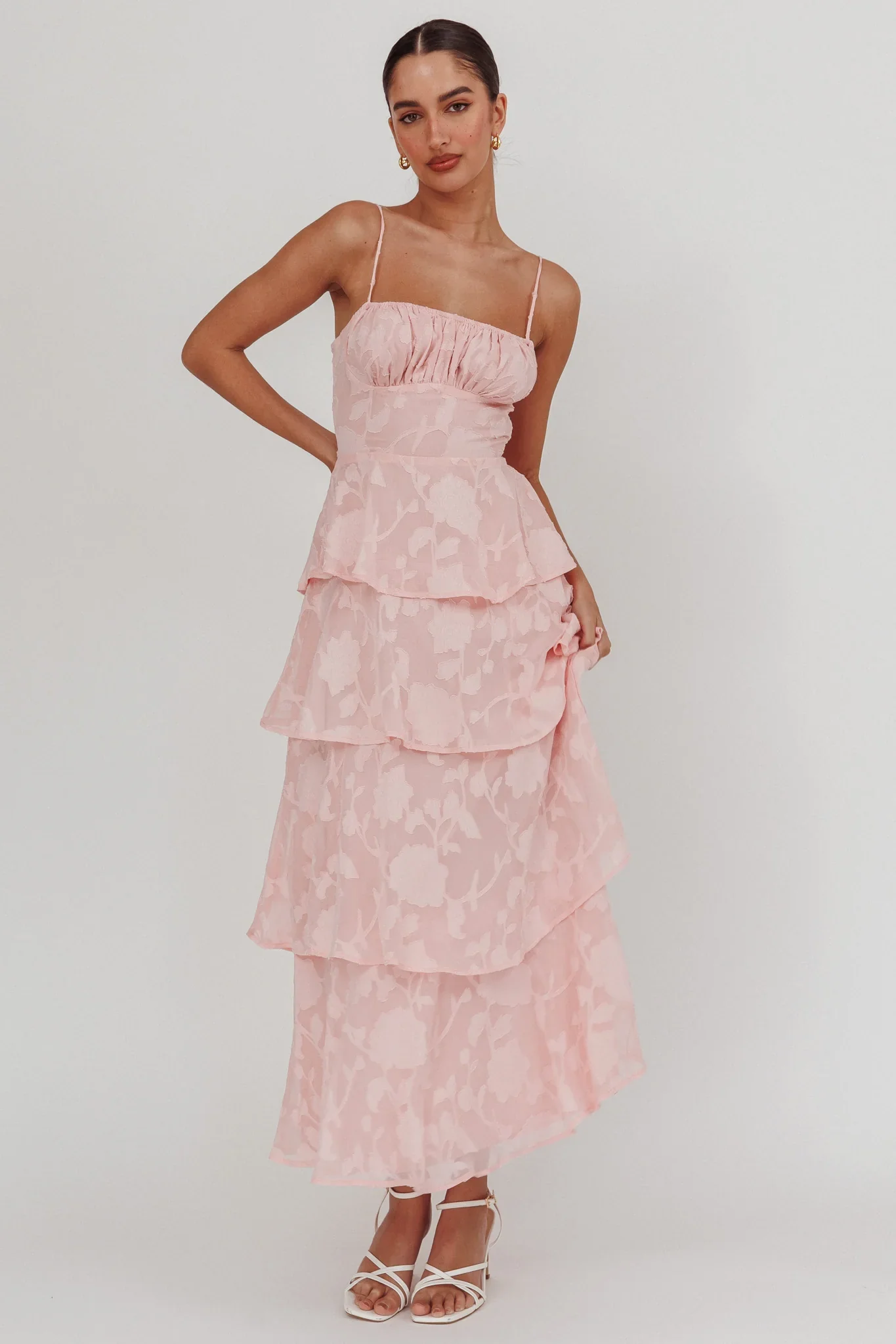 Provence Bloom Tiered Maxi Dress Jacquard Pink - luluinthesky