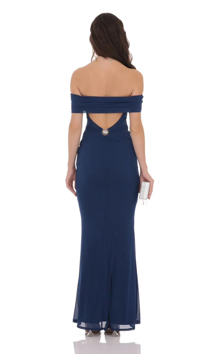 Mesh Shell Off Shoulder Maxi Dress in Navy - luluinthesky