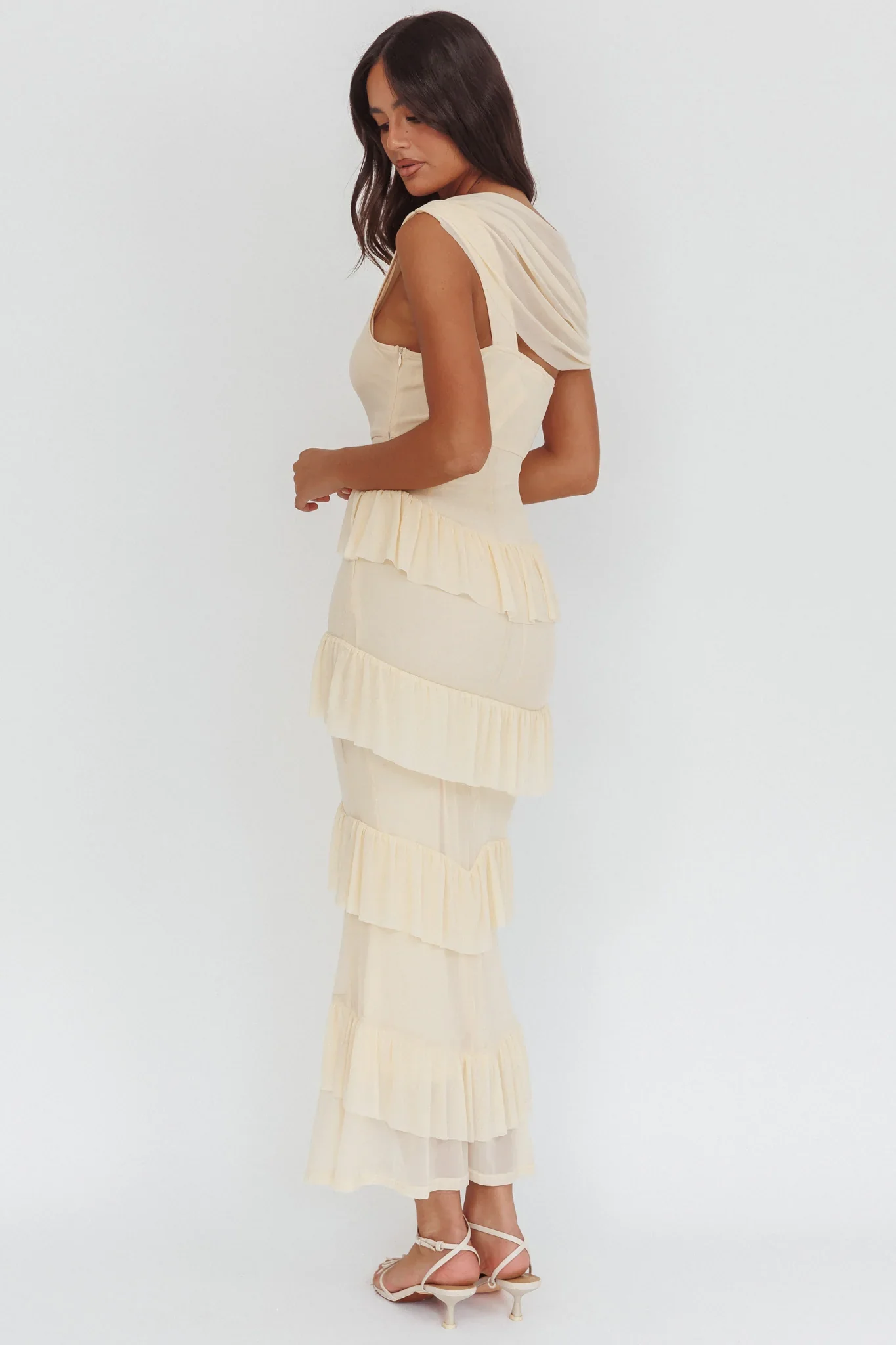 Anaisa Asymmetric Neckline Frill Maxi Dress Cream - luluinthesky