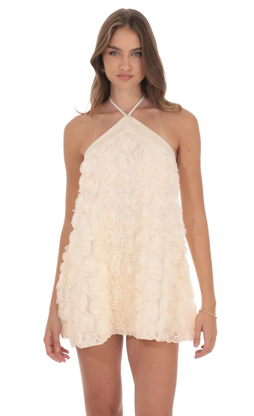 Satin Trim Floral Halter Dress in Ivory - luluinthesky