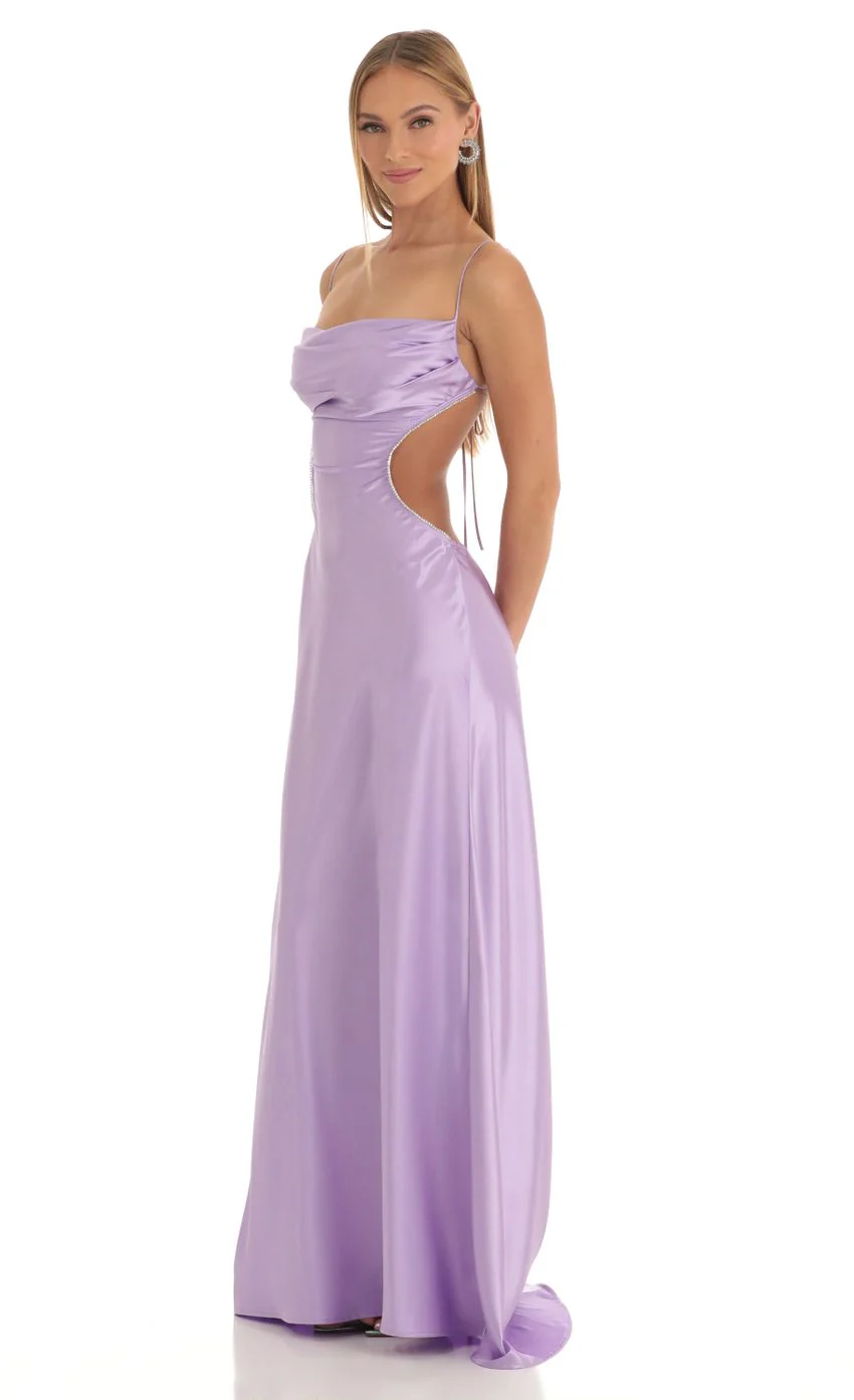Satin Rhinestone Maxi Dress in Purple - luluinthesky