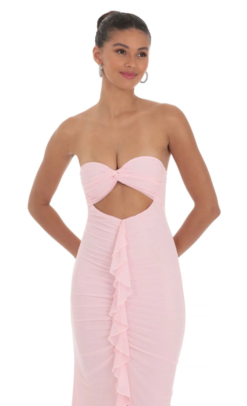 Mesh Cutout Ruffle Maxi Dress in Pink - luluinthesky