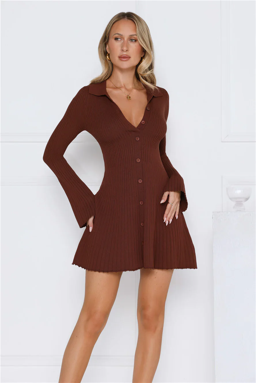 Autumn Luxe Long Sleeve Knit Dress Brown - luluinthesky