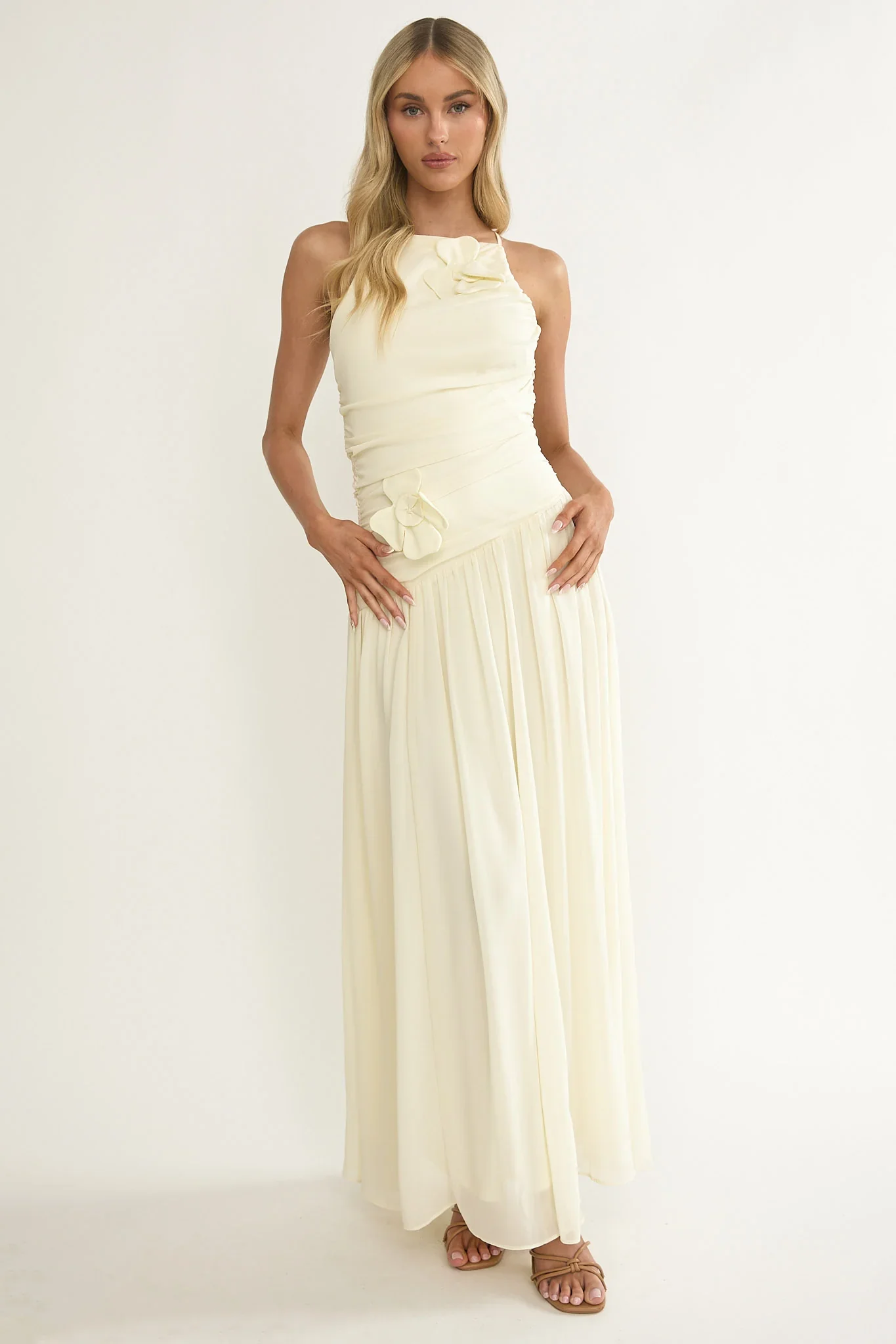 Brighten Drop Waist Flower Accent Maxi Dress Butter - luluinthesky