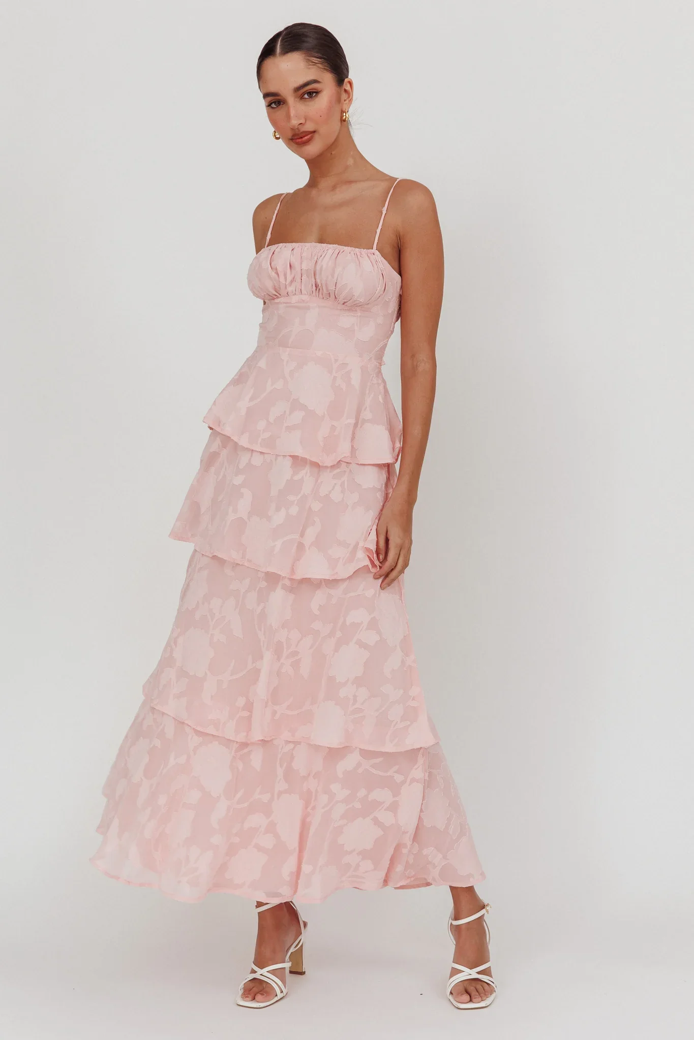 Provence Bloom Tiered Maxi Dress Jacquard Pink - luluinthesky