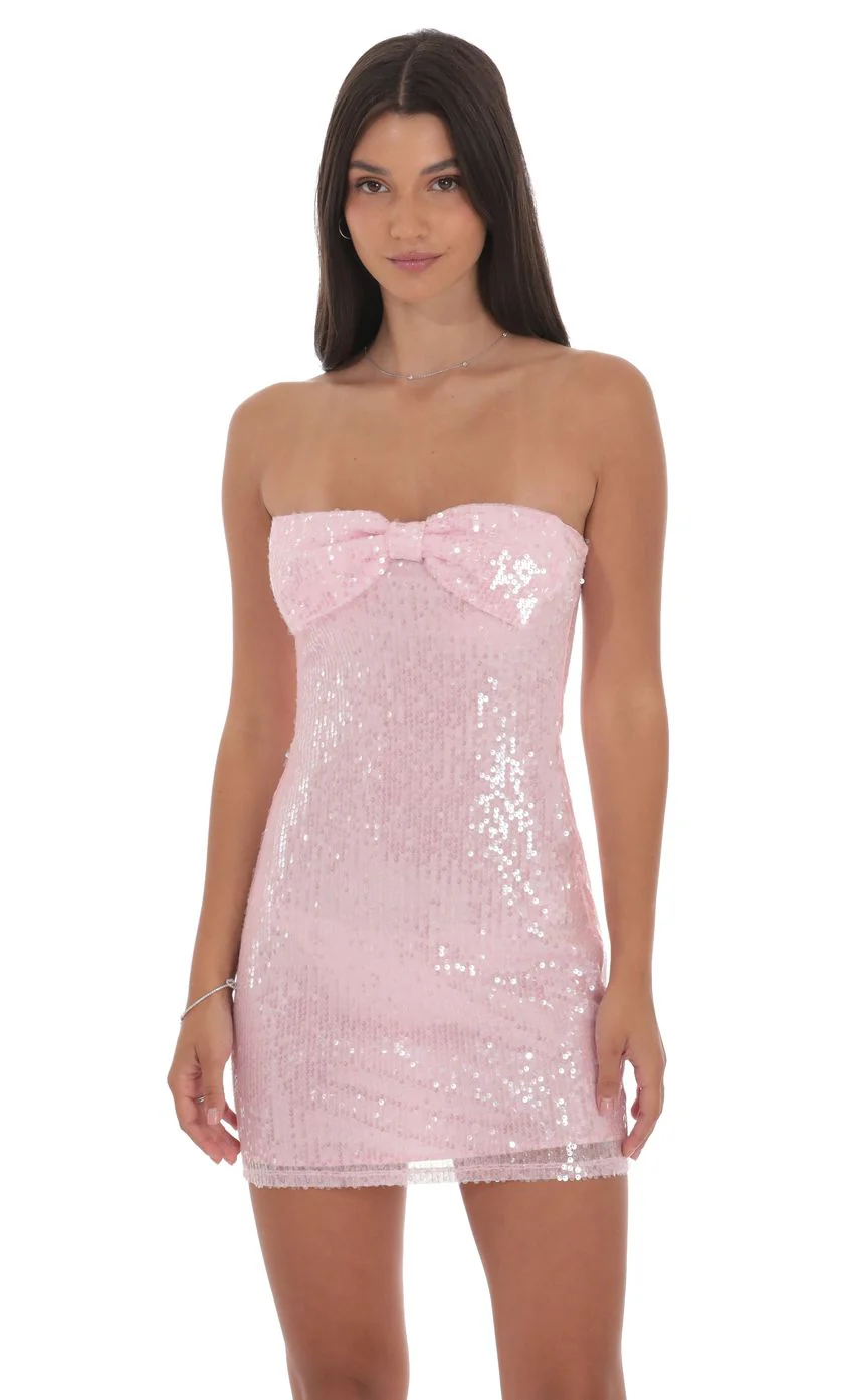 Strapless Sequin Bow Dress in Pink - luluinthesky