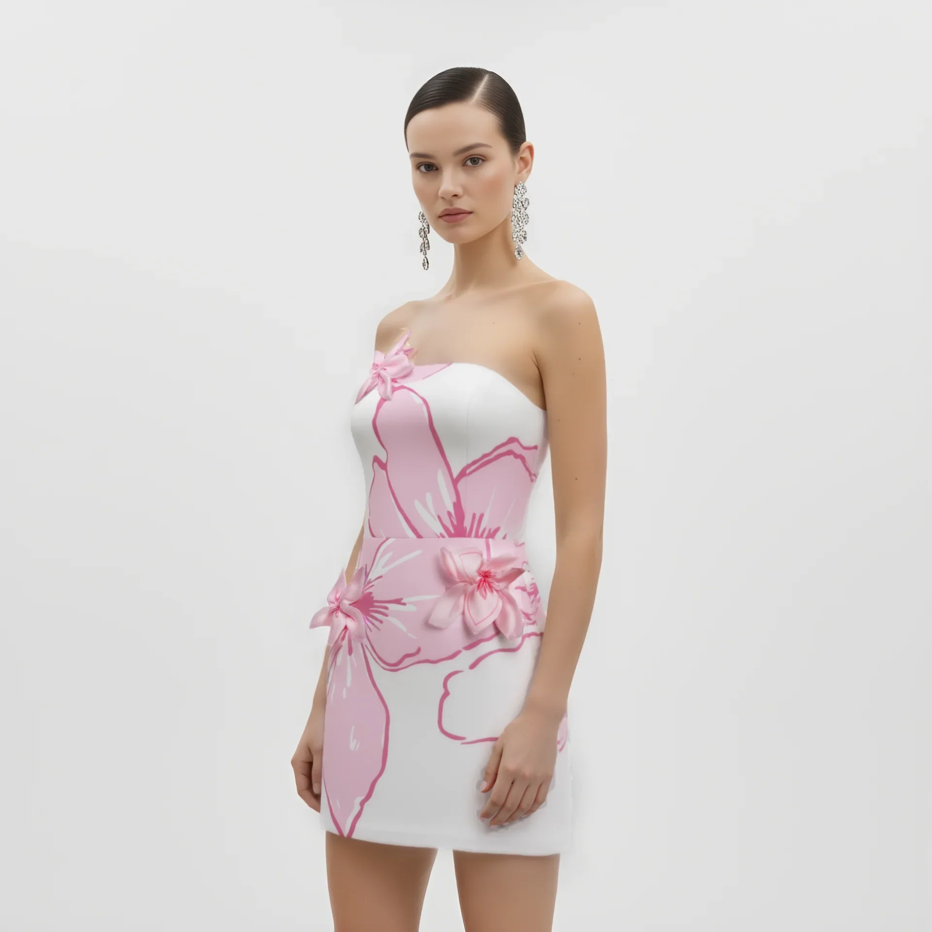 Mini Dress with Pink Floral Appliqués - White/Pink - luluinthesky