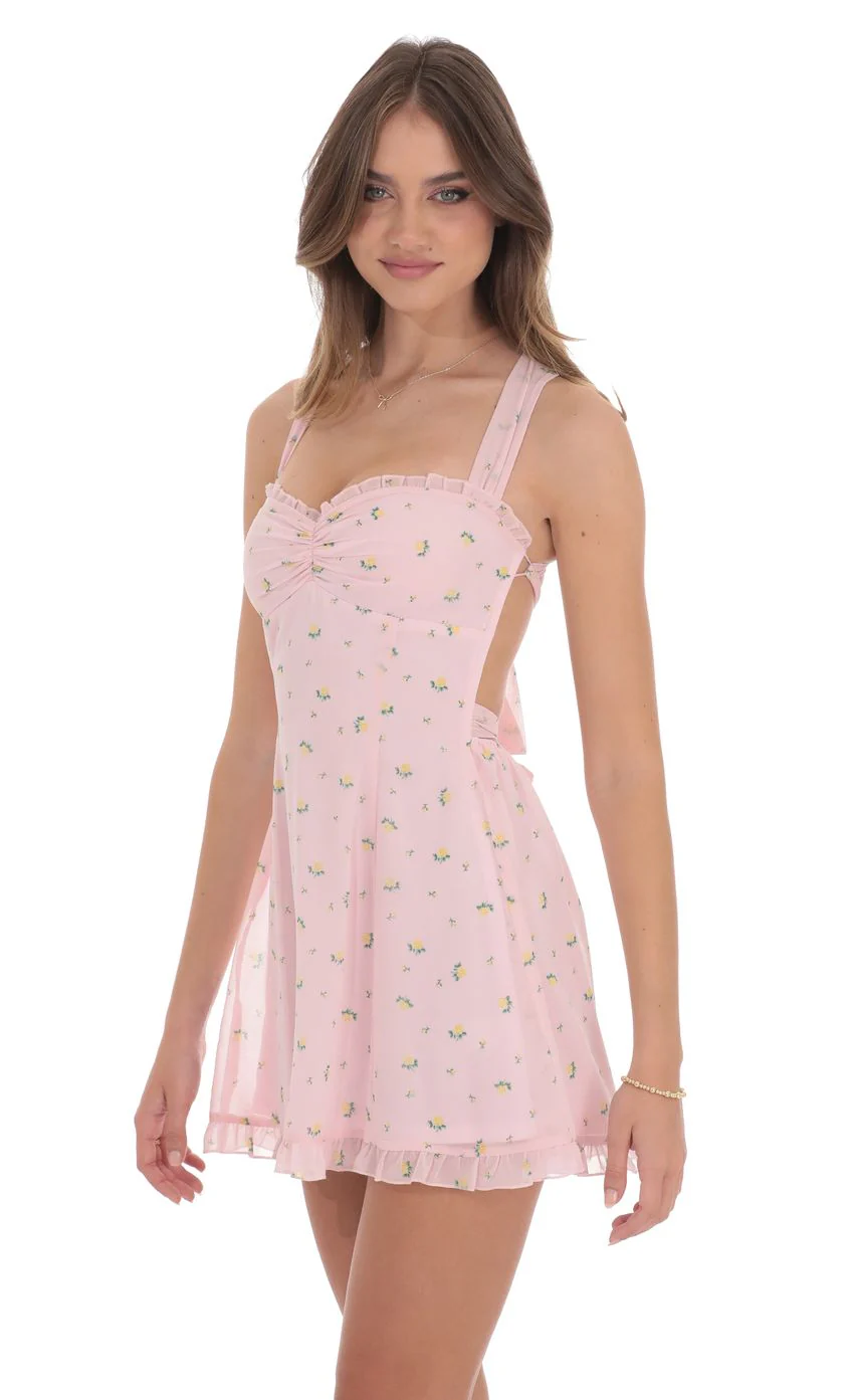 Floral Strappy Back Bows Dress in Pink - luluinthesky