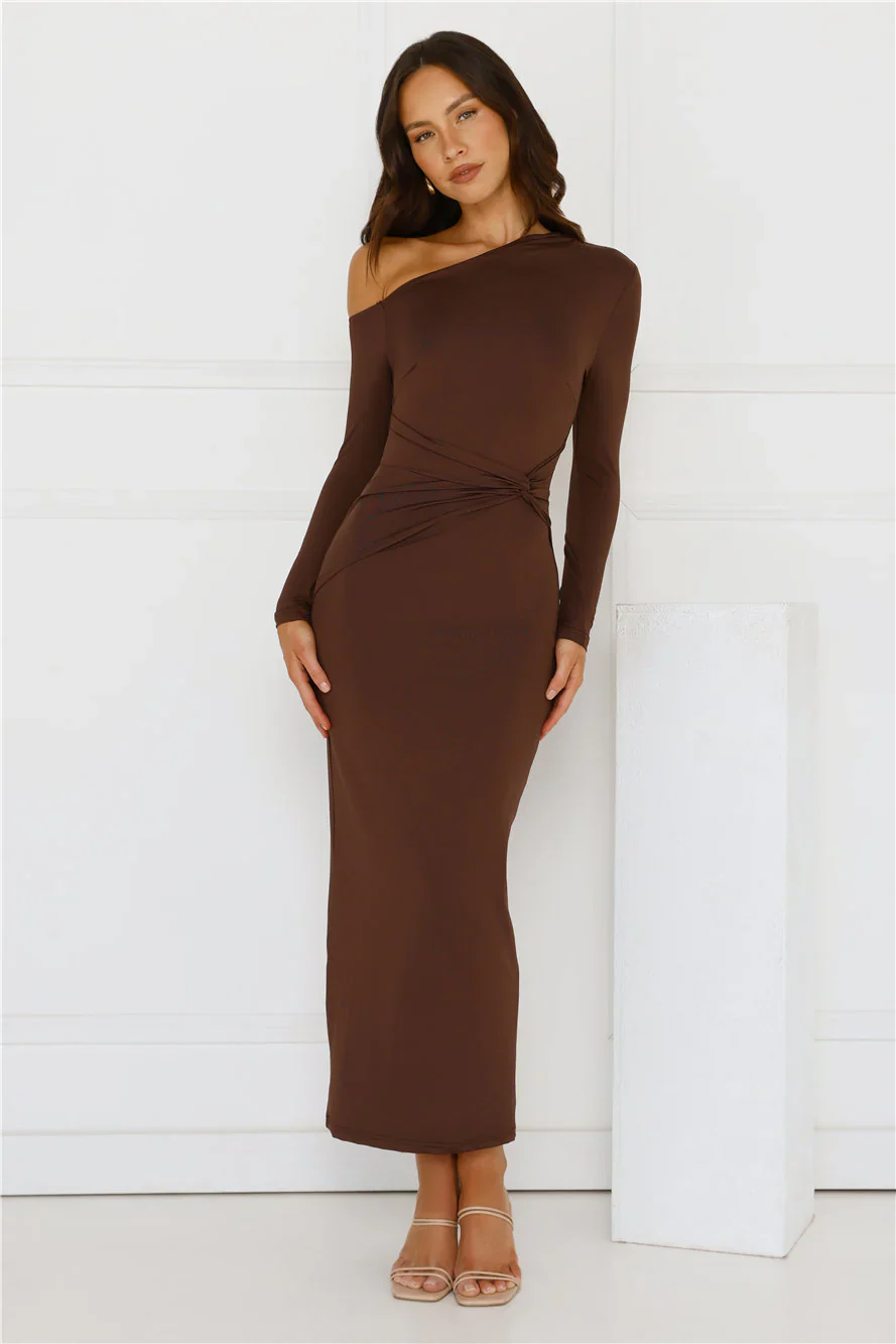 Looks That Talk Off Shoulder Maxi Dress Brown - luluinthesky